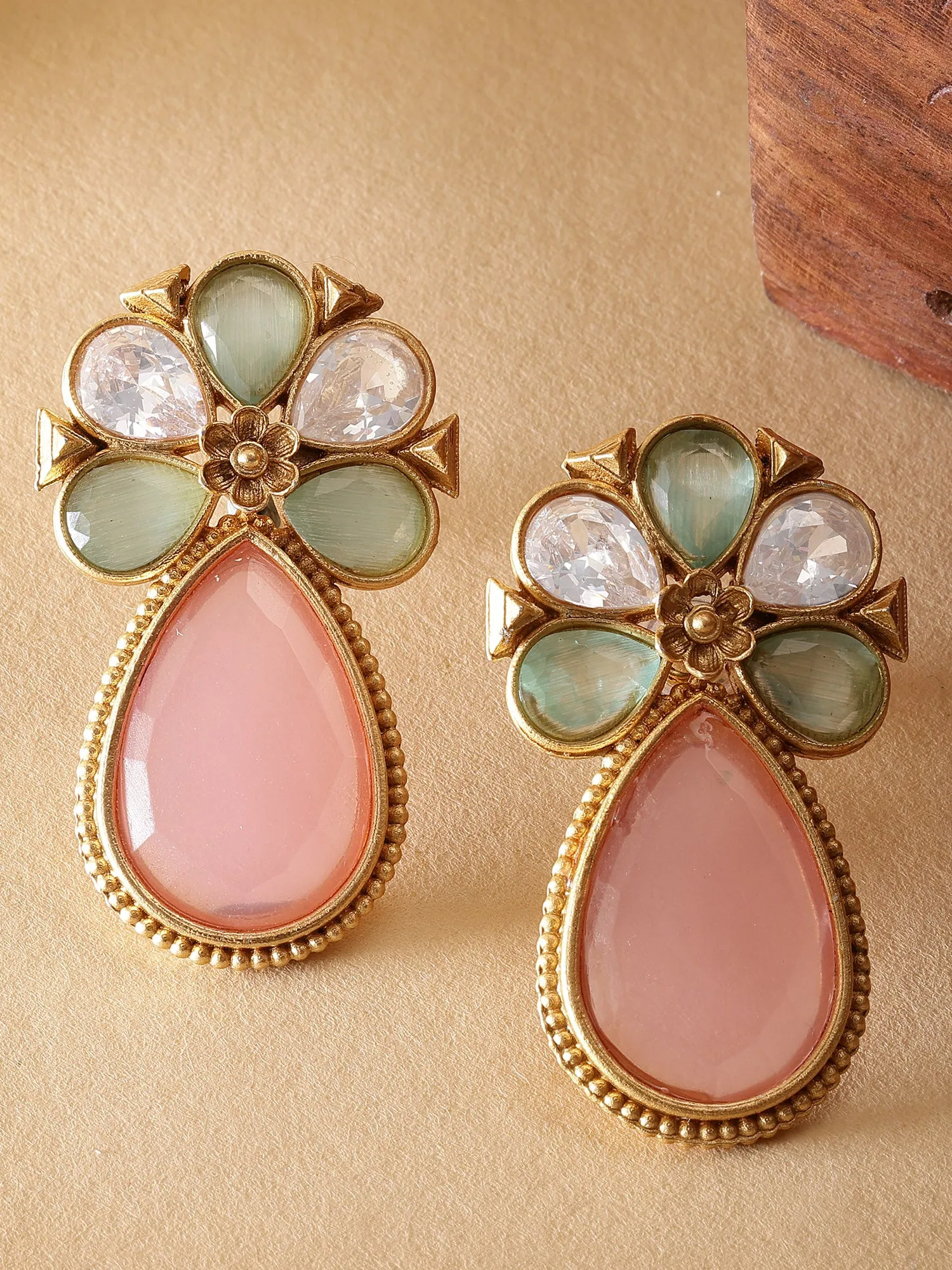 Karatcart Gold Plated Pink and Lime Green Stone Floral Design Stud Earrings for Women