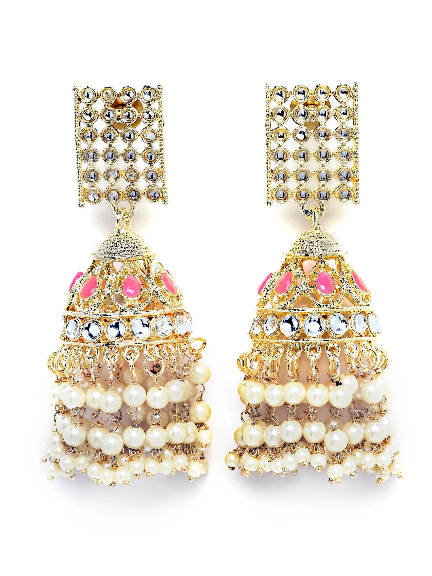 Karatcart Gold Plated Pink and Pearl Studded Kundan Dangler Earrings for Women
