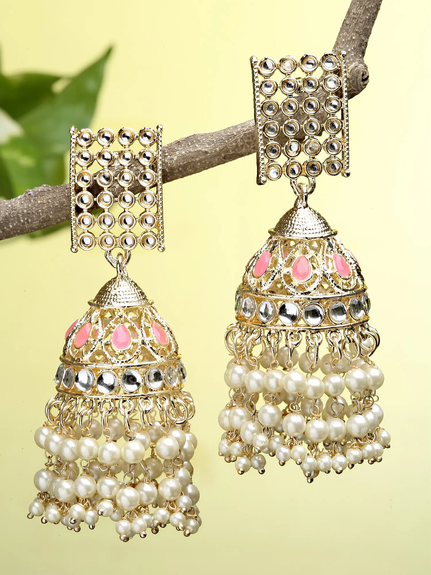Karatcart Gold Plated Pink and Pearl Studded Kundan Dangler Earrings for Women