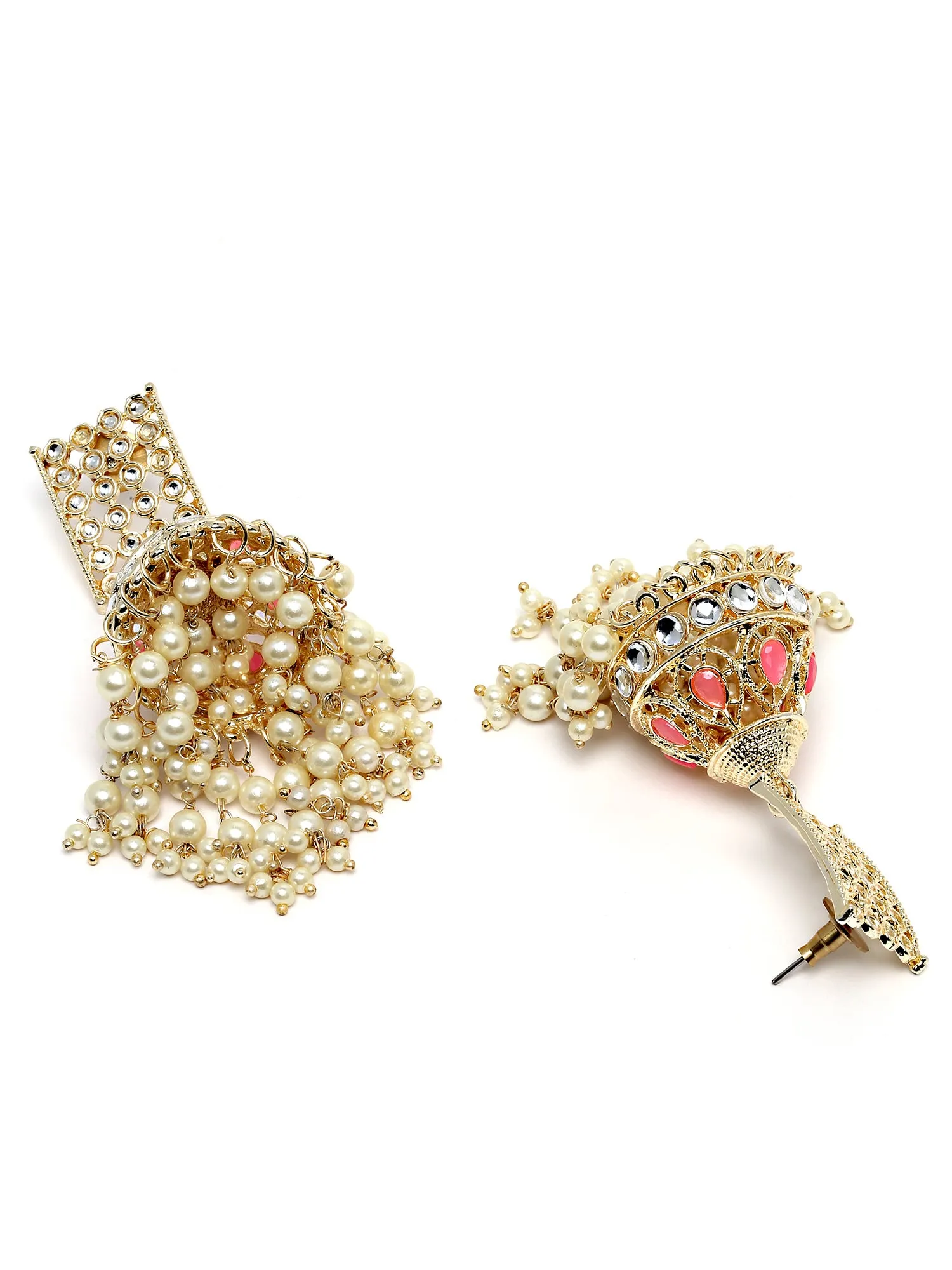 Karatcart Gold Plated Pink and Pearl Studded Kundan Dangler Earrings for Women