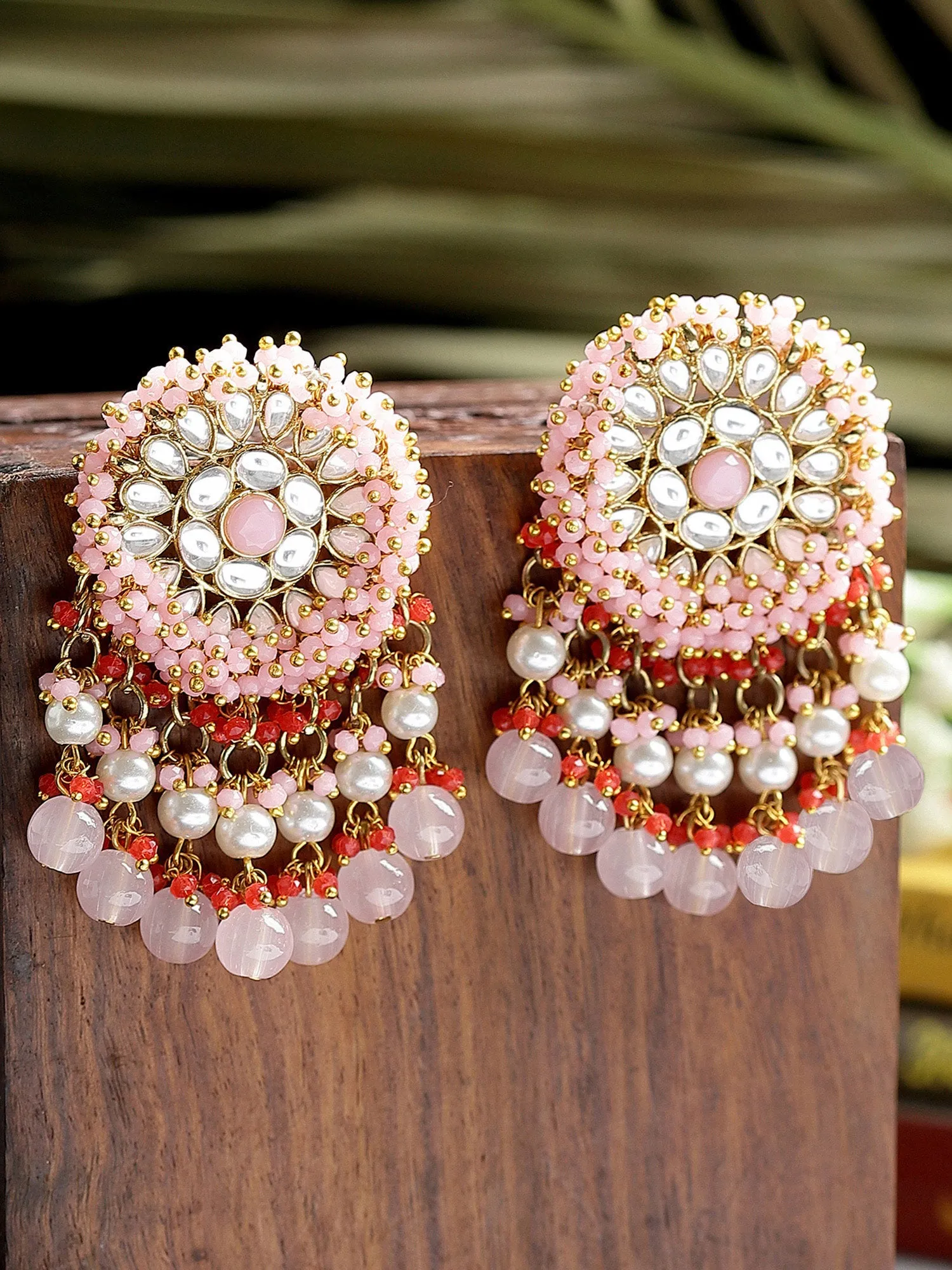 Karatcart Gold-Plated Pink and Red Crystal Studded Kundan Drop Earrings for Women