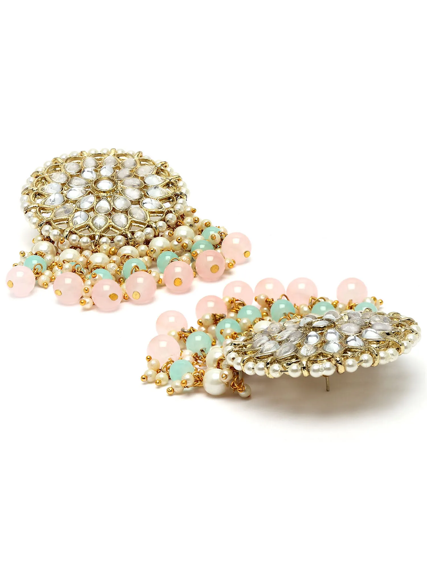 Karatcart Gold Plated Pink Bead and Pearl Kundan Earrings and Maangtikka Combo Set for Women