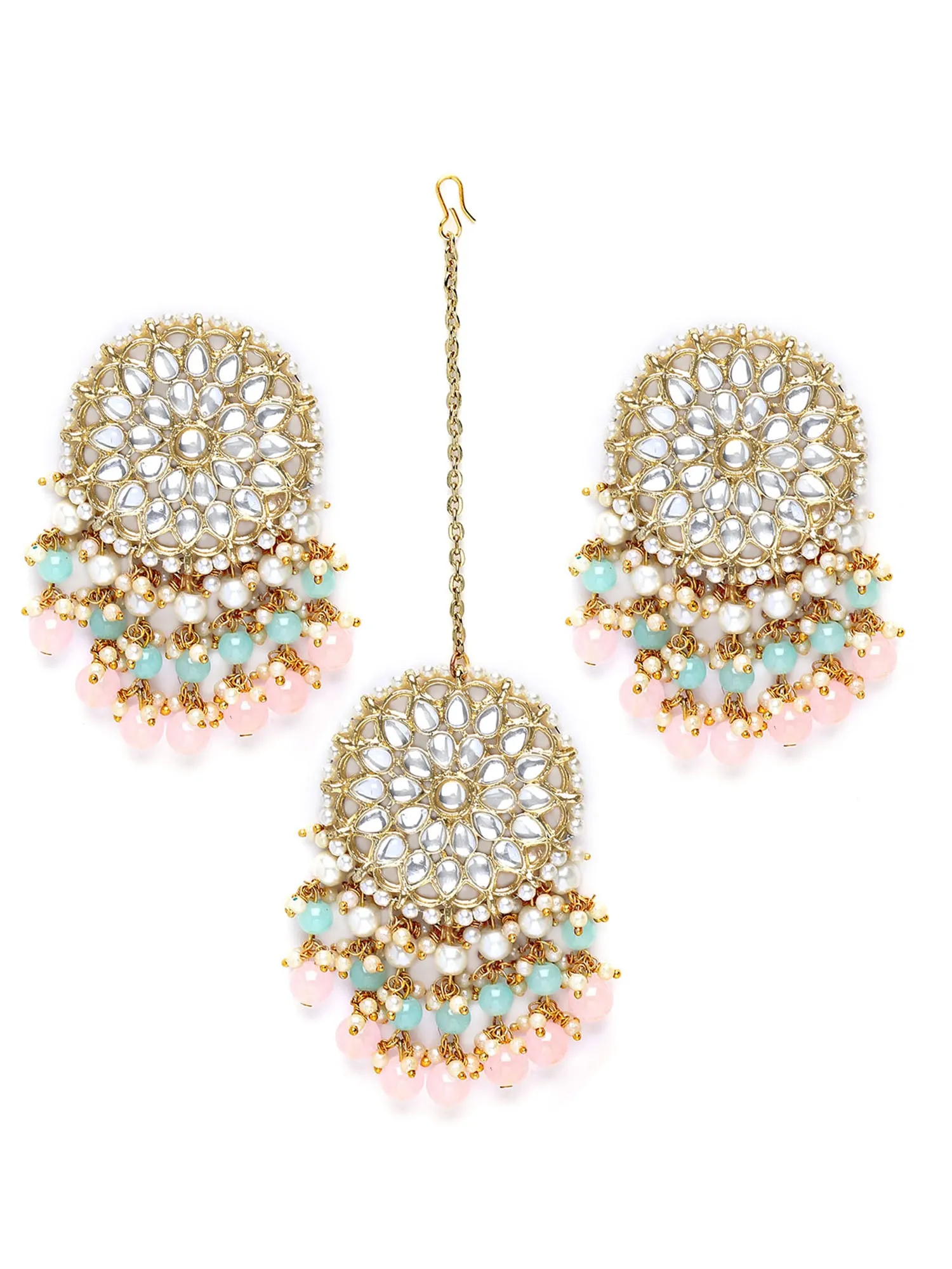 Karatcart Gold Plated Pink Bead and Pearl Kundan Earrings and Maangtikka Combo Set for Women
