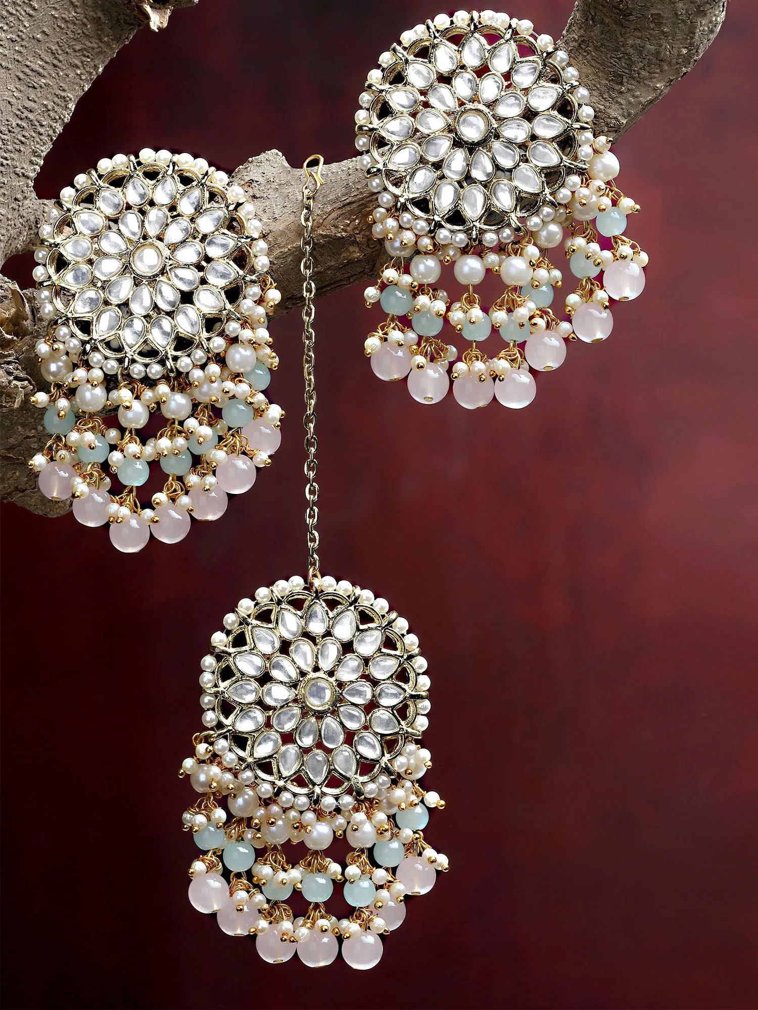 Karatcart Gold Plated Pink Bead and Pearl Kundan Earrings and Maangtikka Combo Set for Women