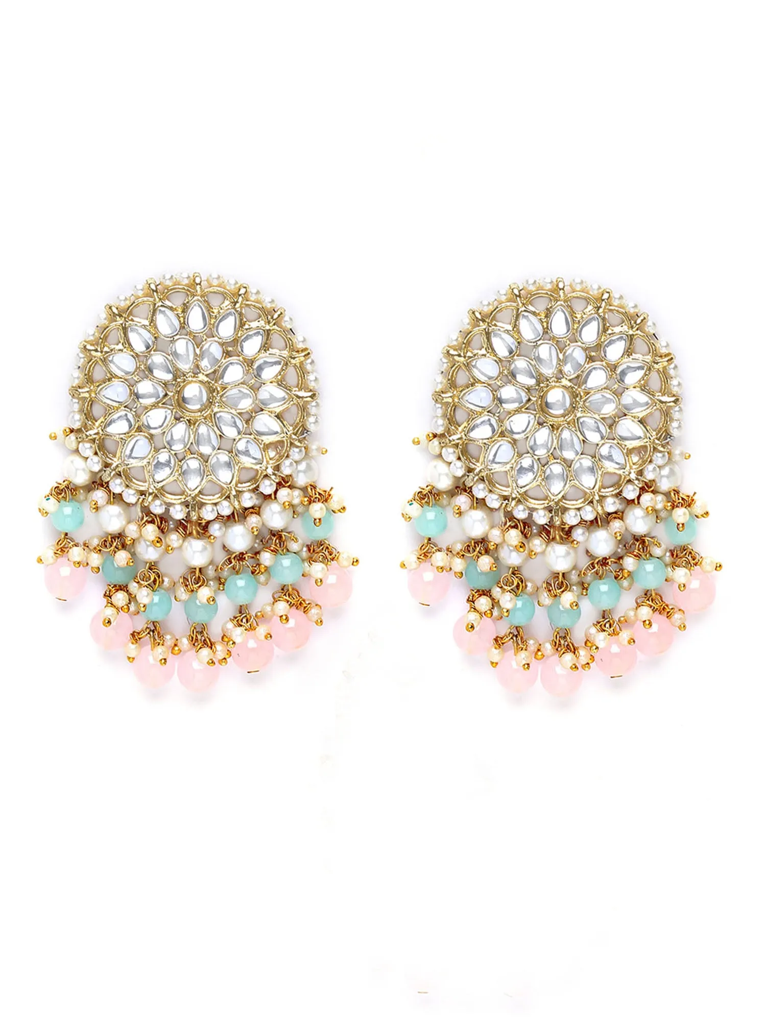Karatcart Gold Plated Pink Bead and Pearl Kundan Earrings and Maangtikka Combo Set for Women
