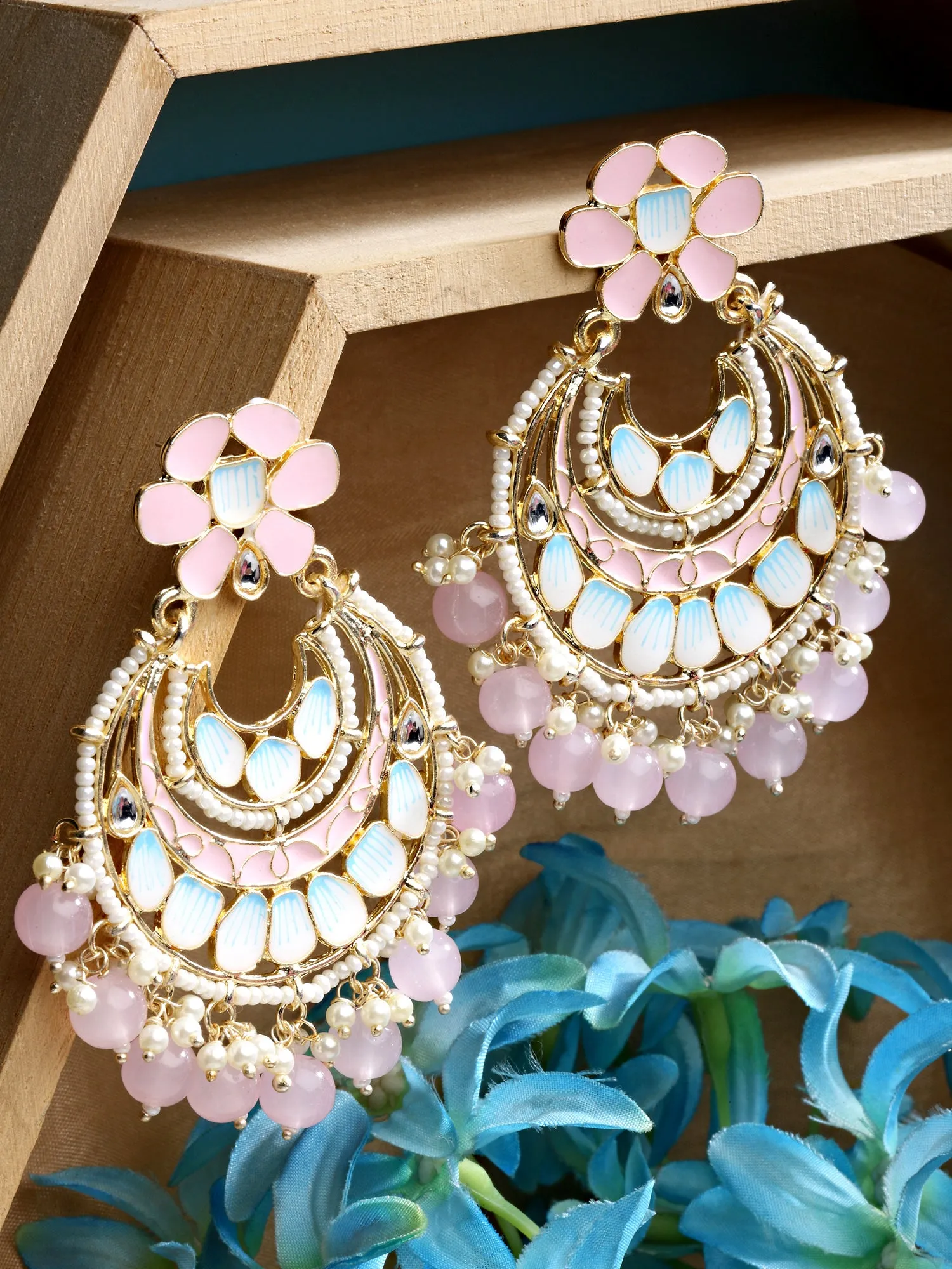 Karatcart Gold Plated Pink Beads and Meena Chandbali Earrings for Women