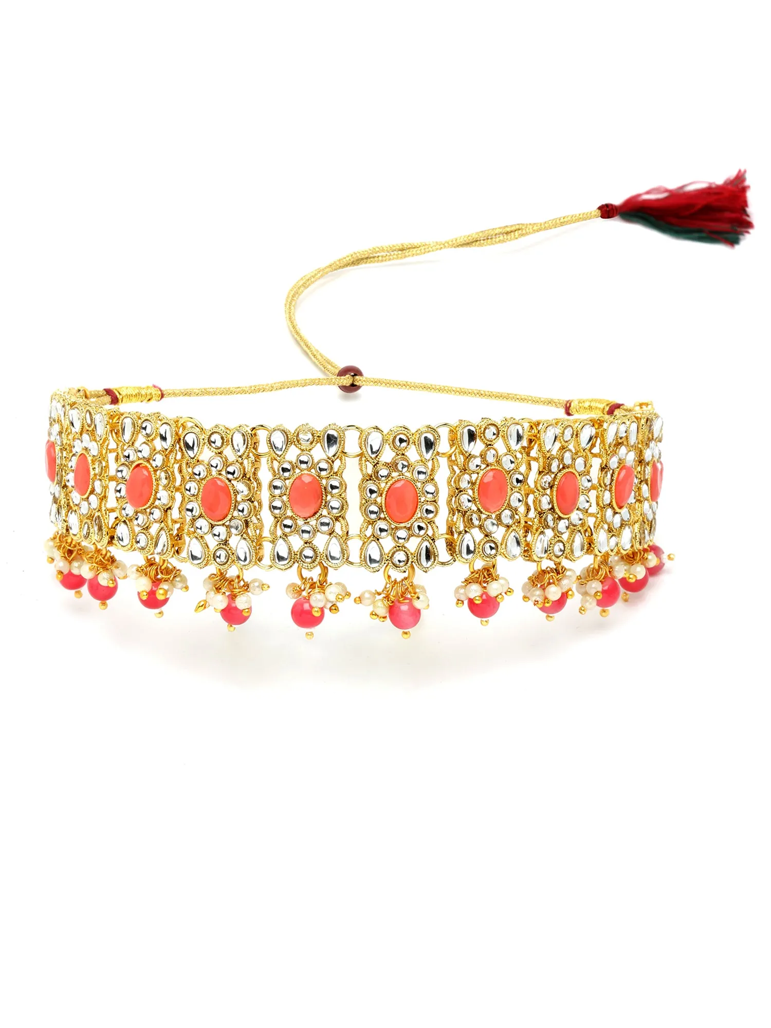 Karatcart Gold Plated Pink Beads and Peach Kundan Studded Necklace Set