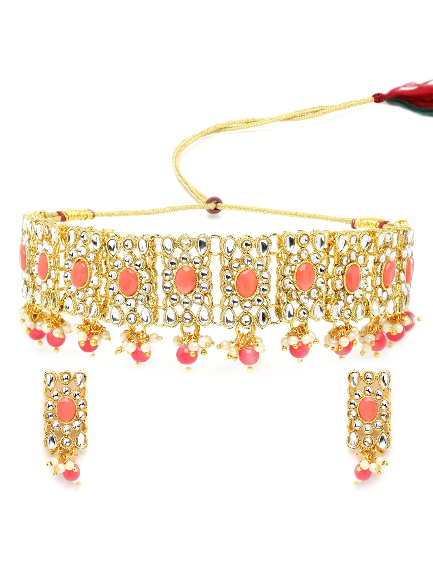 Karatcart Gold Plated Pink Beads and Peach Kundan Studded Necklace Set