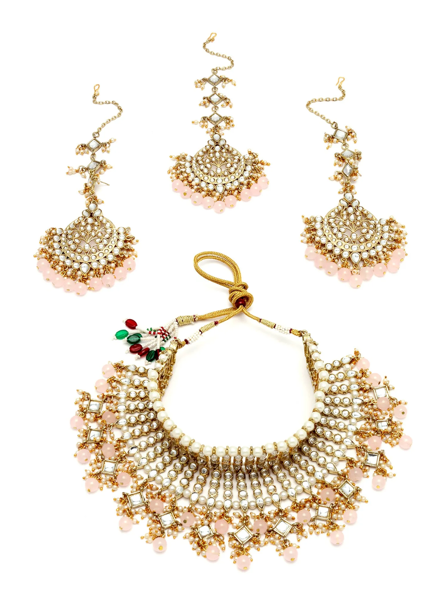 Karatcart Gold Plated Pink Beads Kundan Bridal Choker Necklace Set for Women