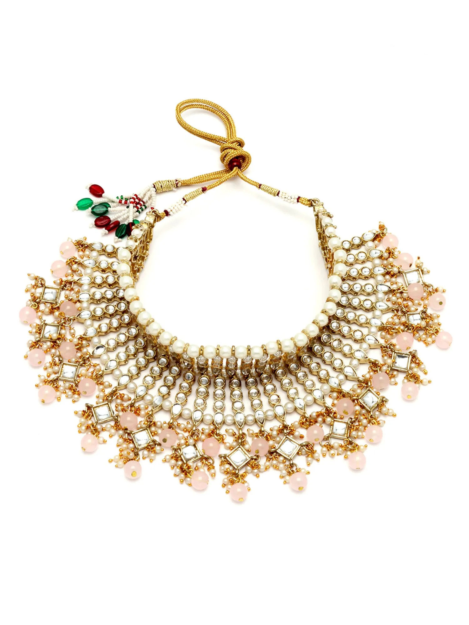 Karatcart Gold Plated Pink Beads Kundan Bridal Choker Necklace Set for Women