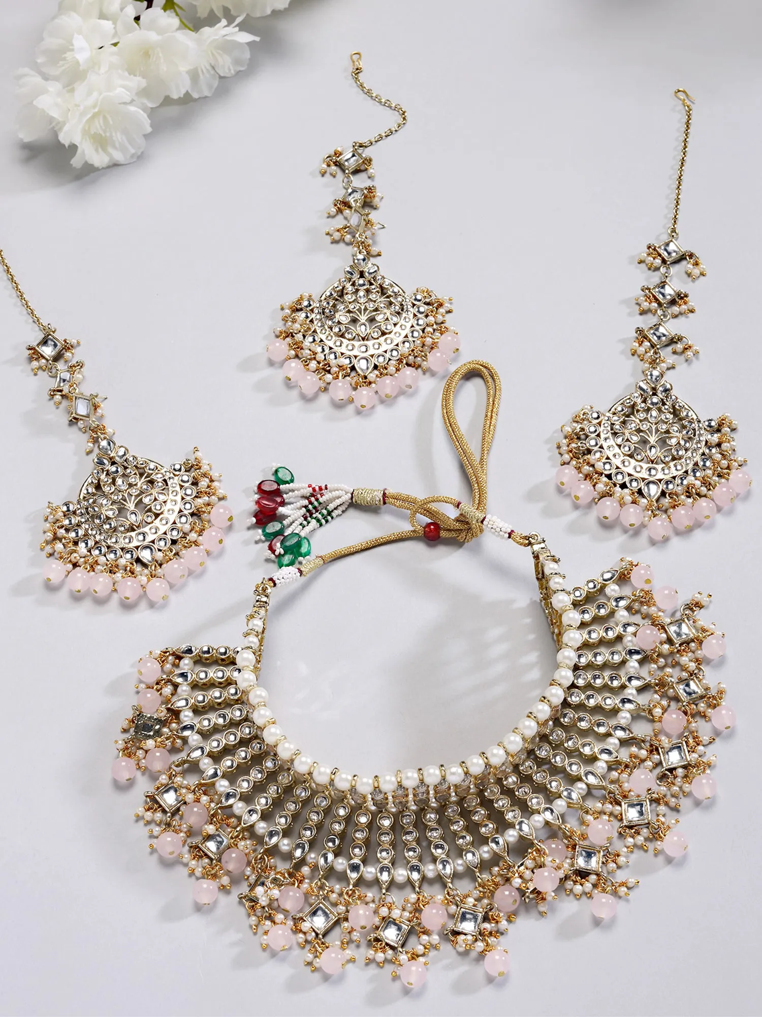 Karatcart Gold Plated Pink Beads Kundan Bridal Choker Necklace Set for Women