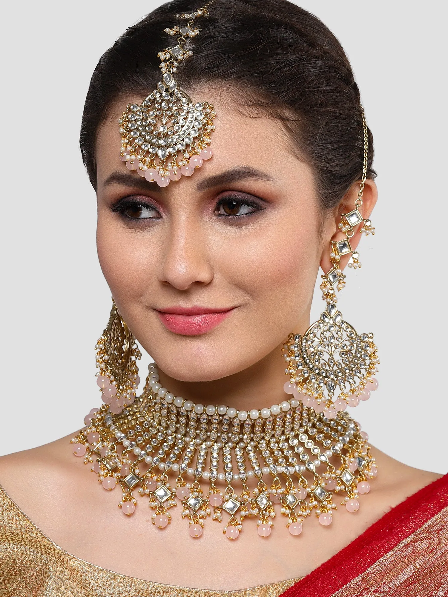 Karatcart Gold Plated Pink Beads Kundan Bridal Choker Necklace Set for Women