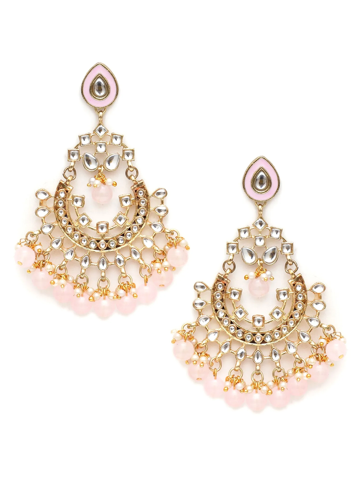 Karatcart Gold Plated Pink Beads Kundan Chandbali Earrings for Women
