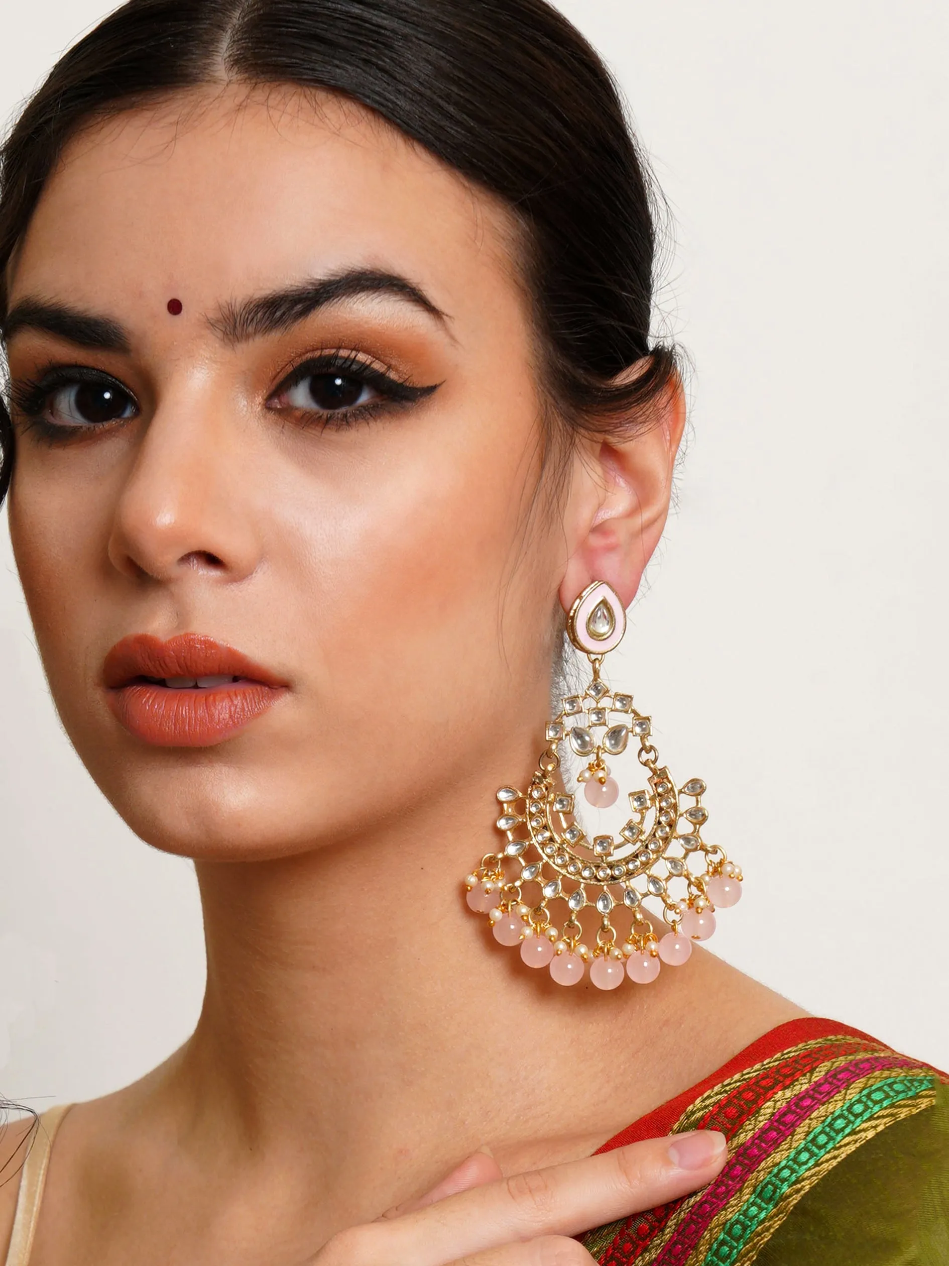 Karatcart Gold Plated Pink Beads Kundan Chandbali Earrings for Women