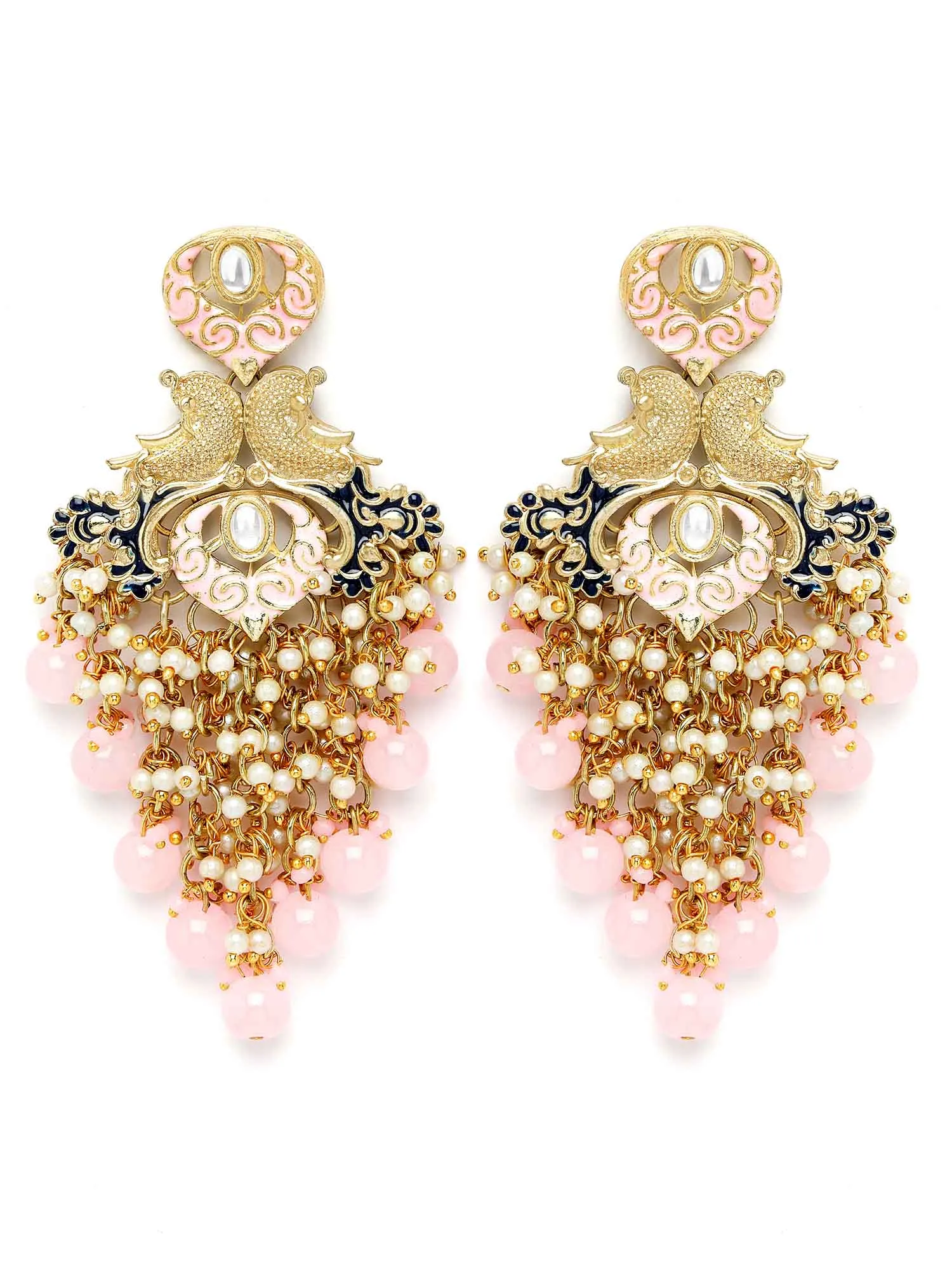 Karatcart Gold Plated Pink Beads Kundan Drop Earrings for Women