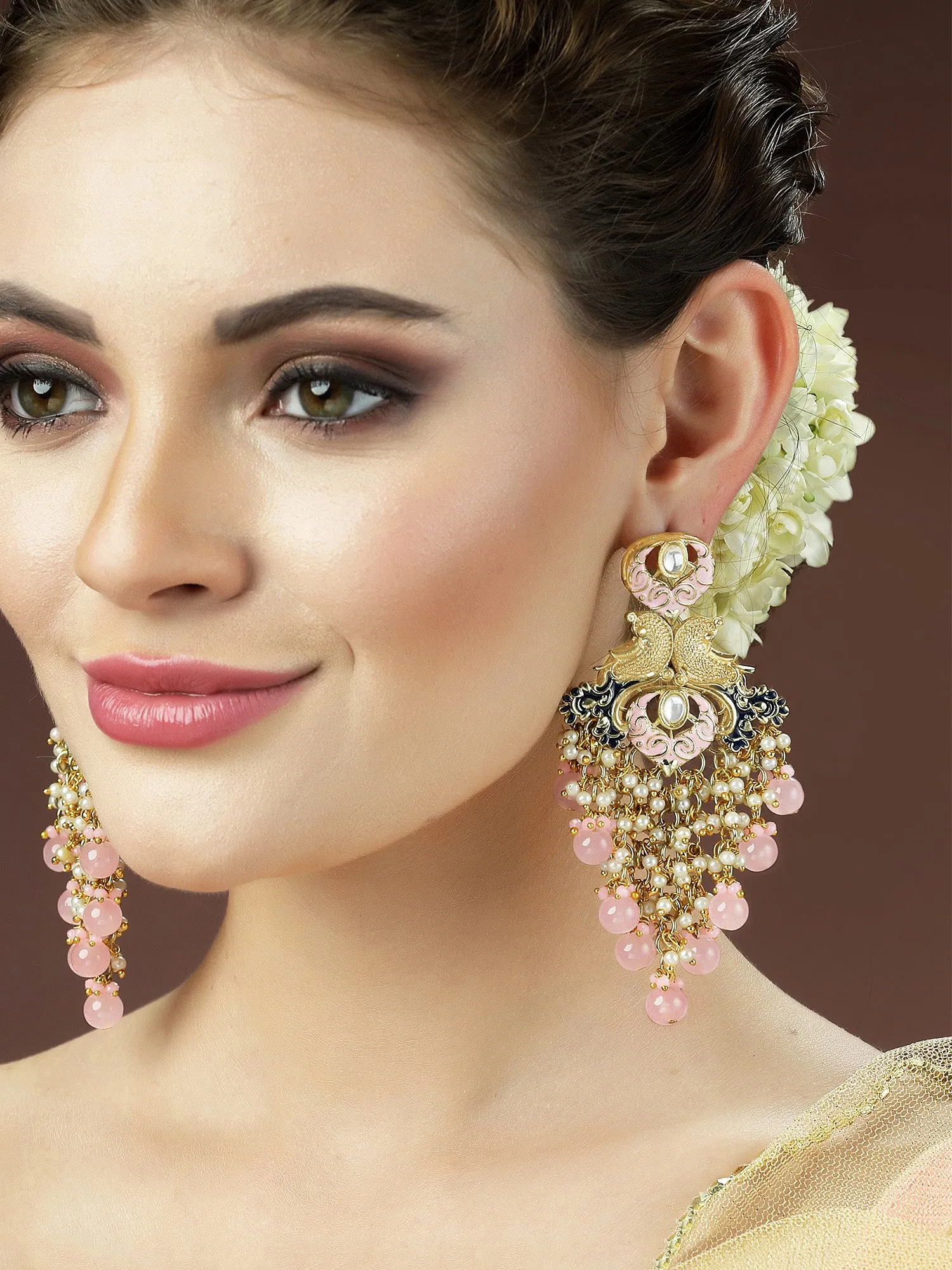 Karatcart Gold Plated Pink Beads Kundan Drop Earrings for Women