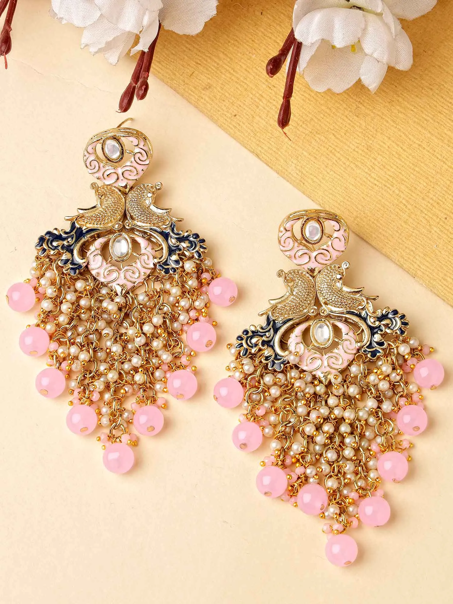 Karatcart Gold Plated Pink Beads Kundan Drop Earrings for Women