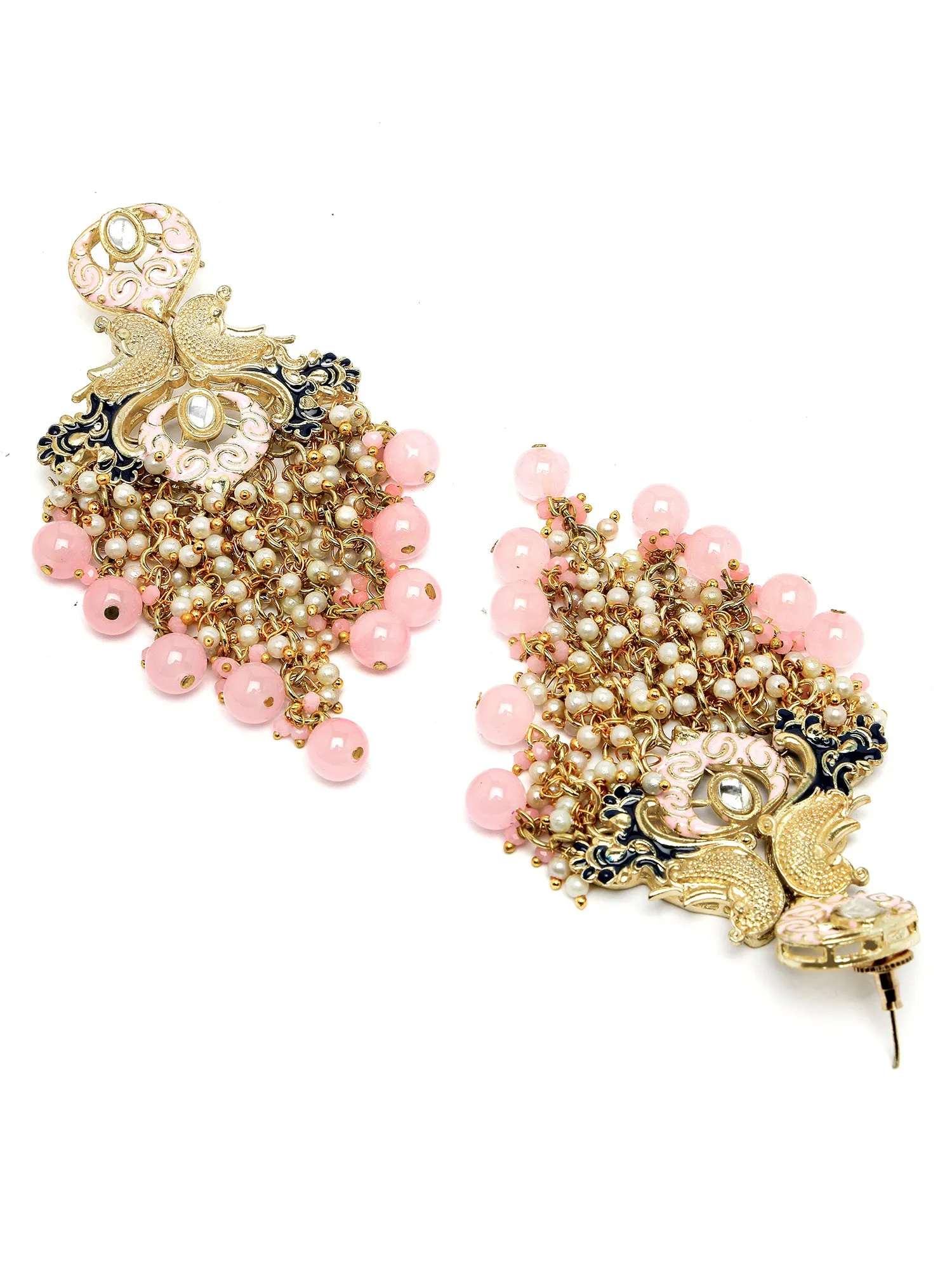 Karatcart Gold Plated Pink Beads Kundan Drop Earrings for Women