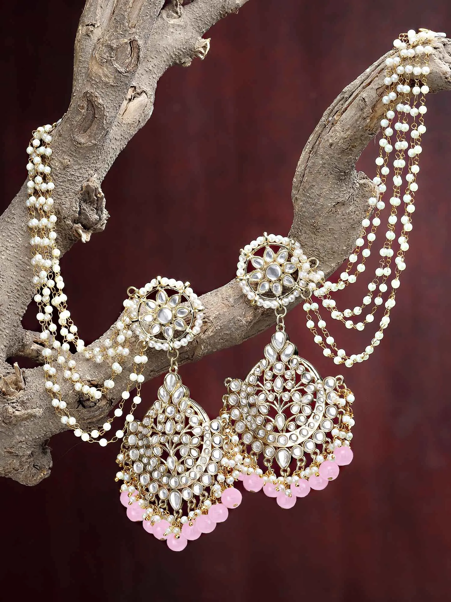 Karatcart Gold Plated Pink Beads Kundan Kaanchain Earrings for Women