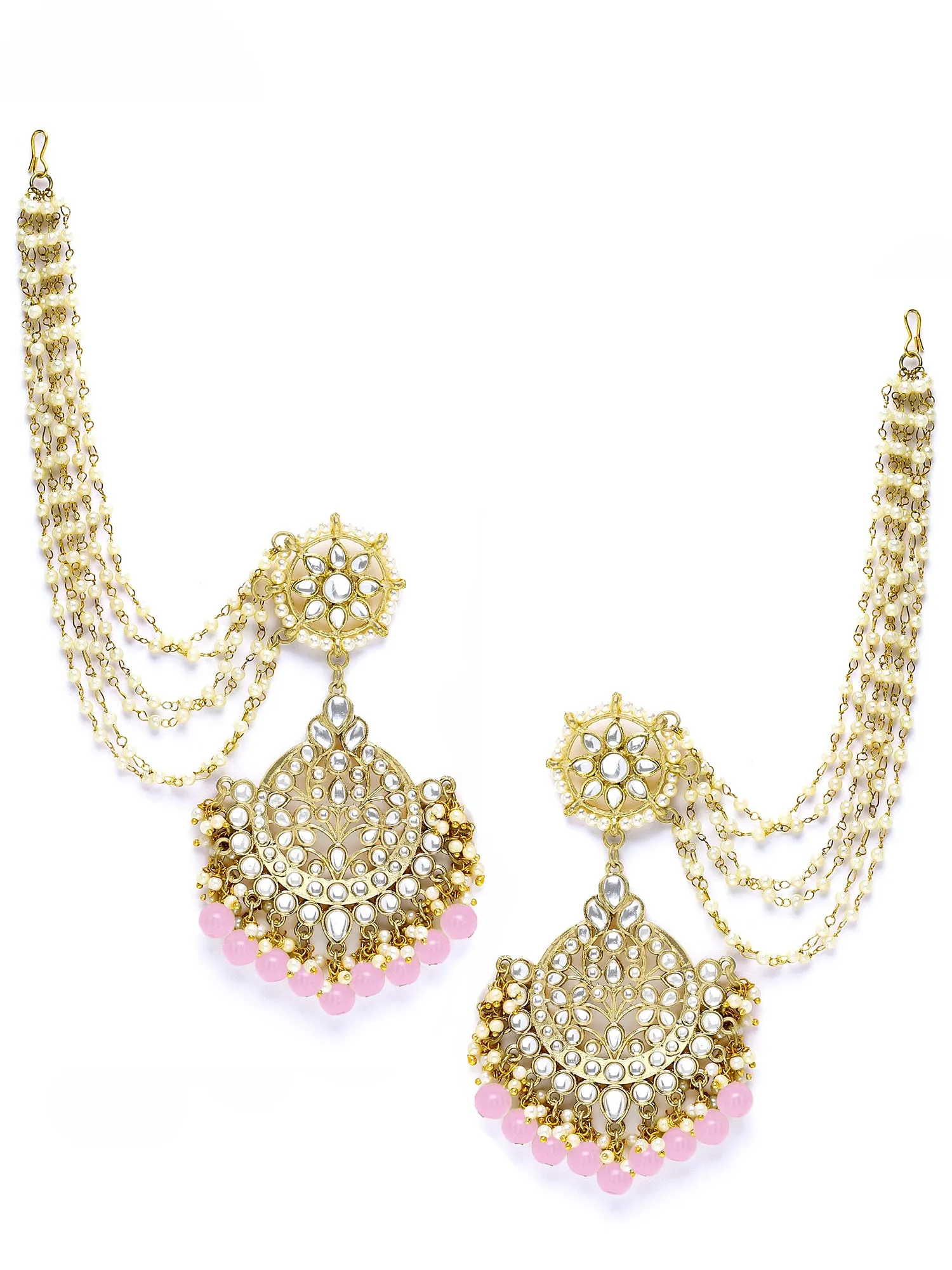 Karatcart Gold Plated Pink Beads Kundan Kaanchain Earrings for Women