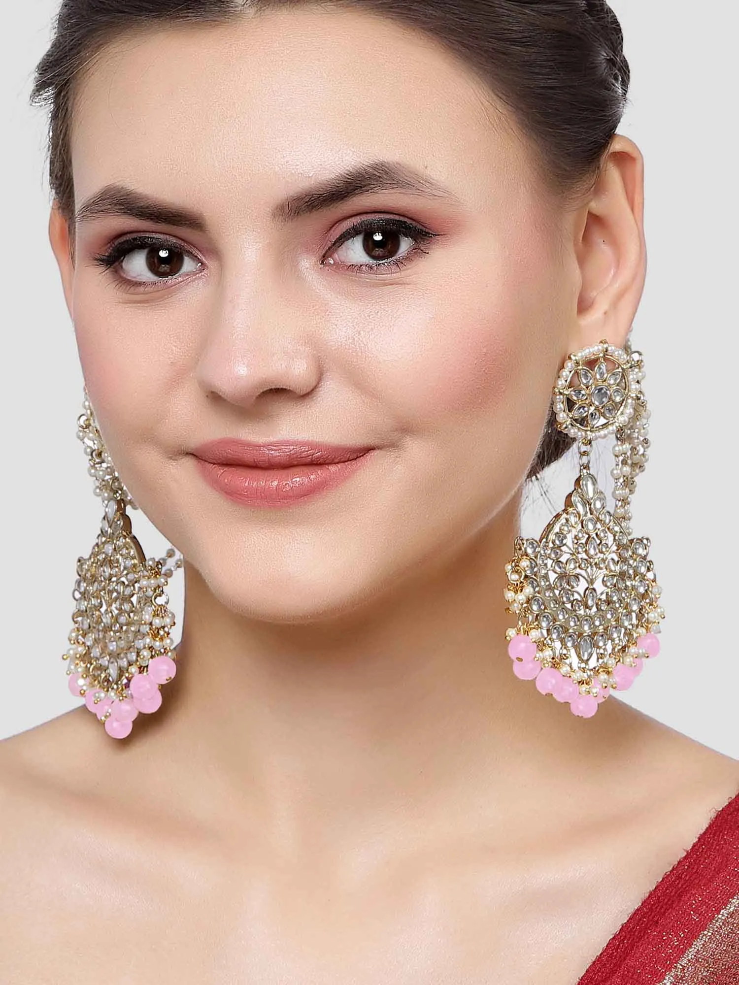 Karatcart Gold Plated Pink Beads Kundan Kaanchain Earrings for Women
