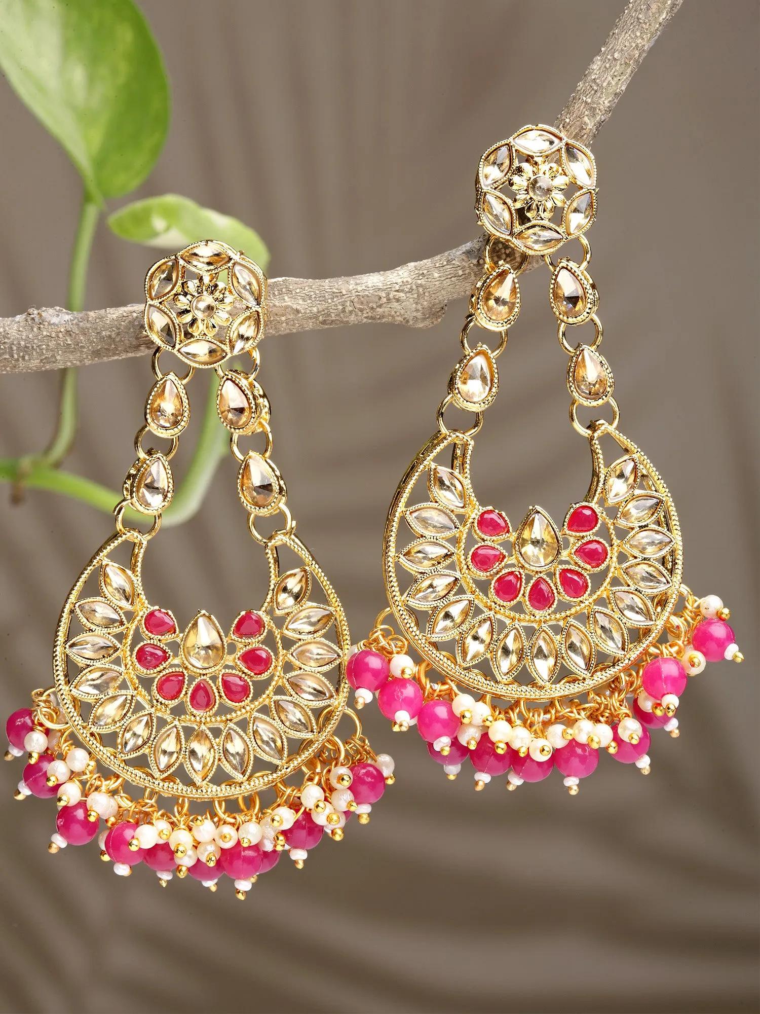 Karatcart Gold Plated Pink Beads Kundan Studded Dangler Earrings for Women