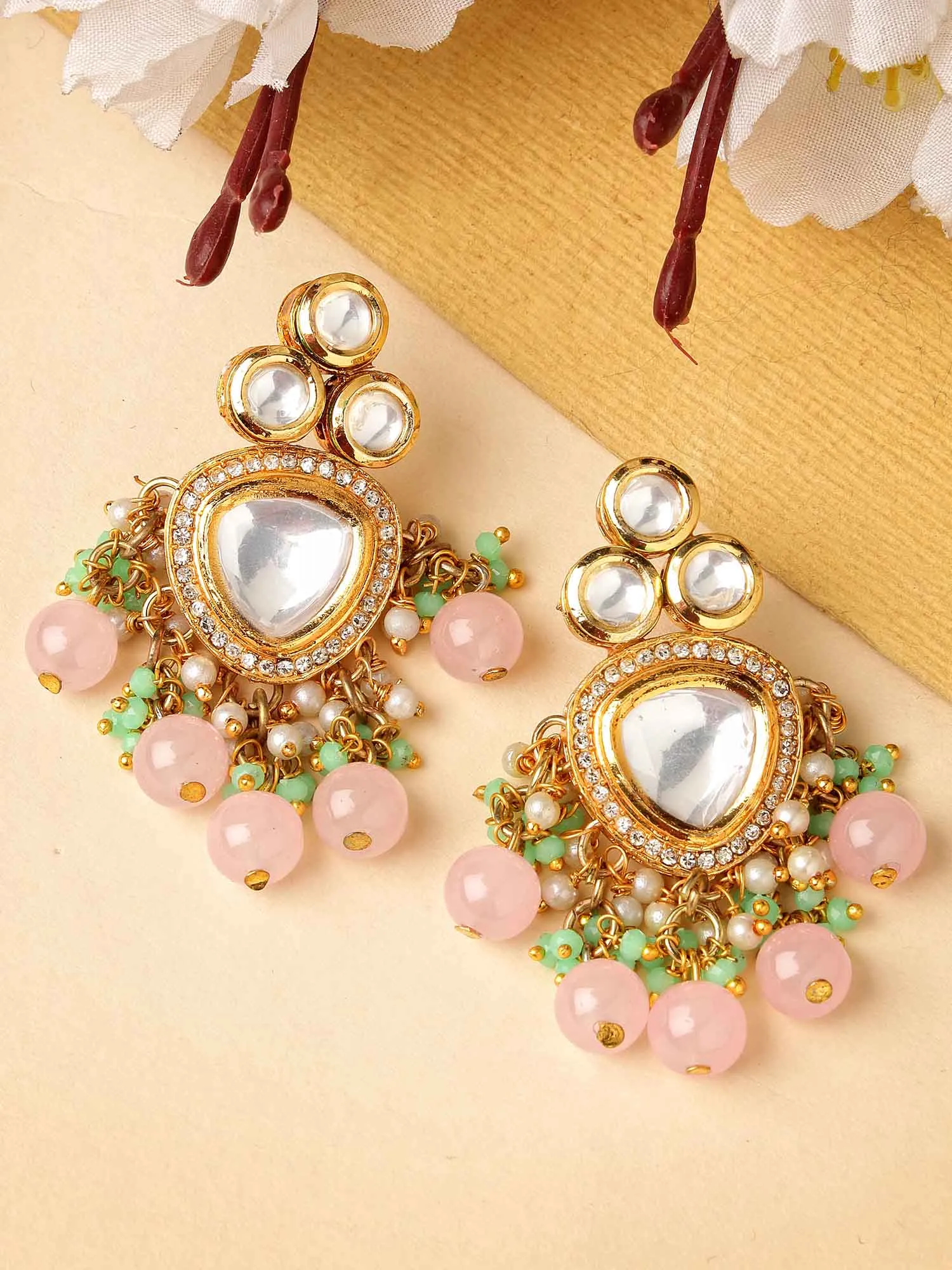 Karatcart Gold Plated Pink Beads Lime Green Crystals Kundan Drop Earrings for Women