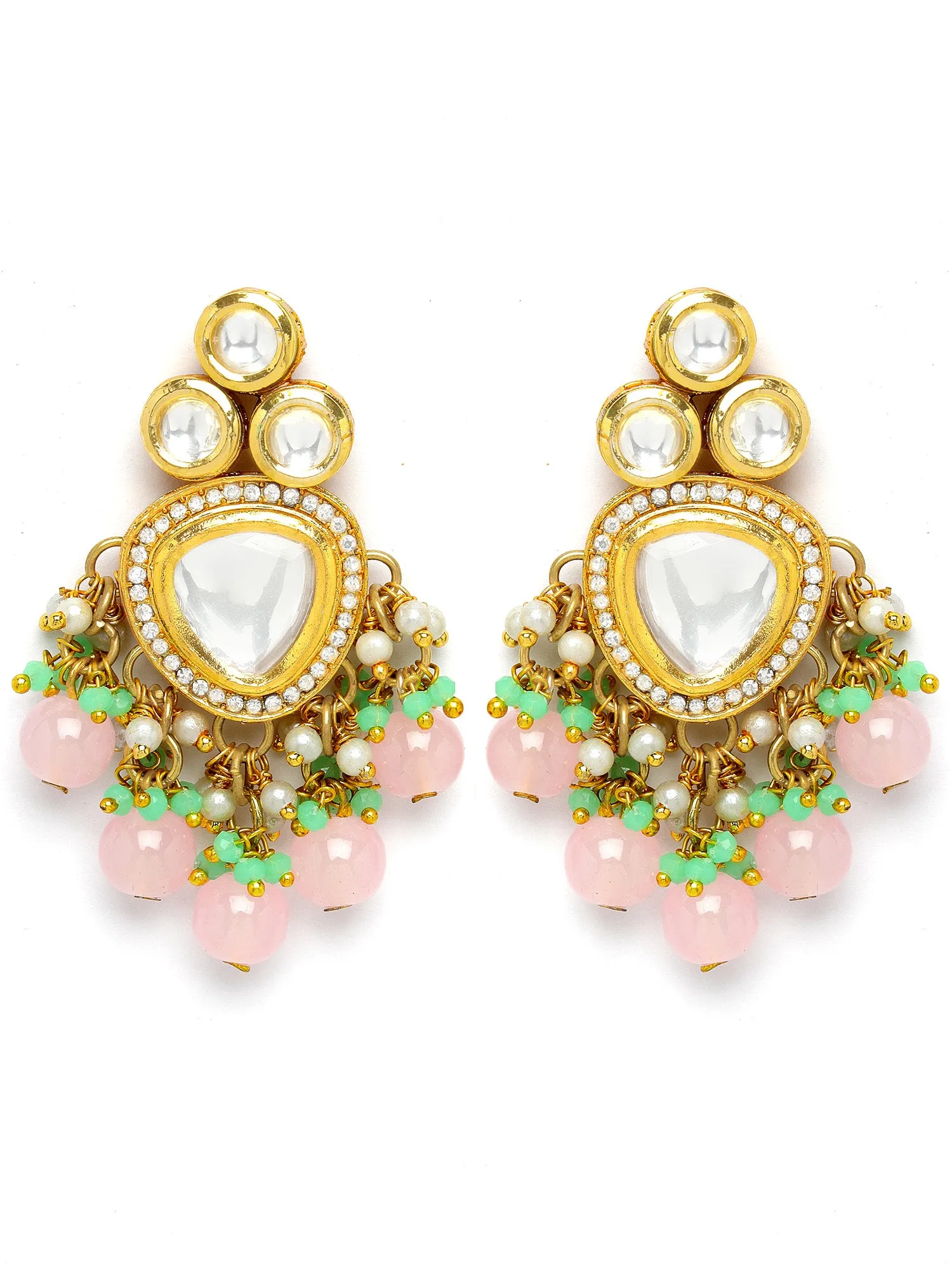 Karatcart Gold Plated Pink Beads Lime Green Crystals Kundan Drop Earrings for Women