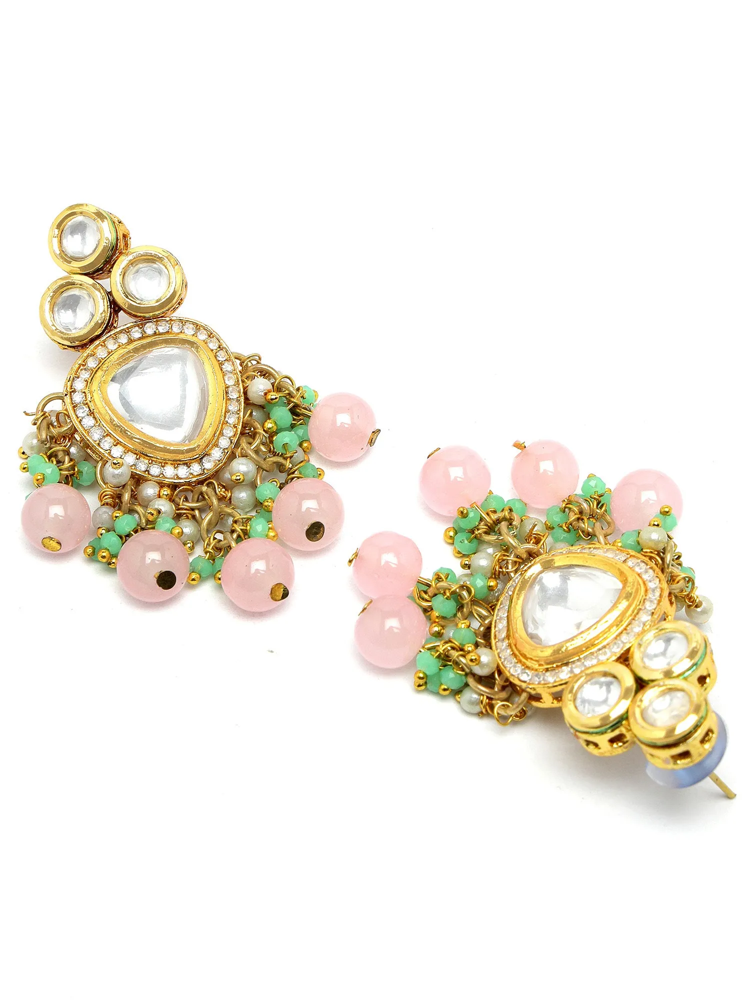 Karatcart Gold Plated Pink Beads Lime Green Crystals Kundan Drop Earrings for Women
