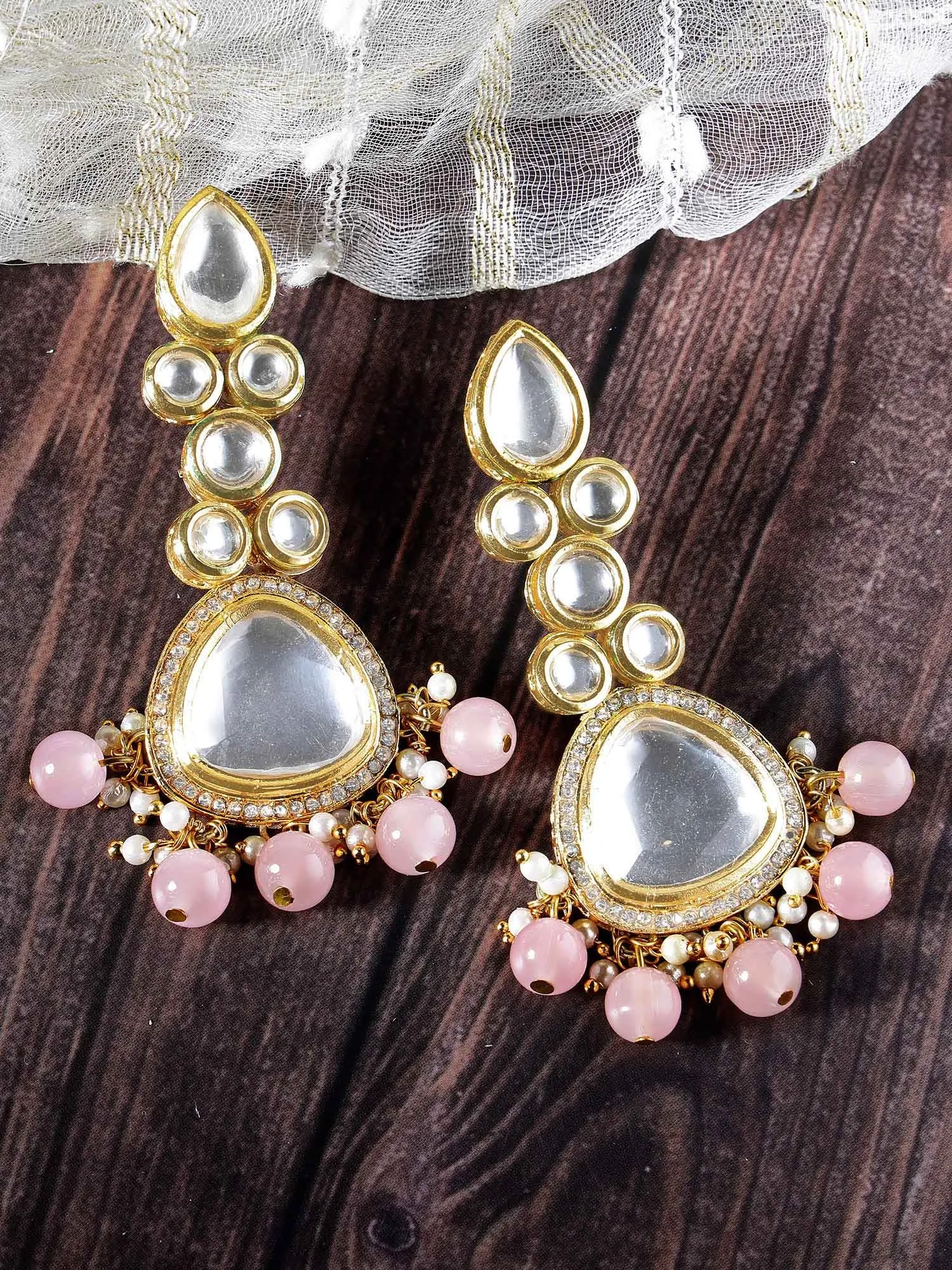 Karatcart Gold Plated Pink Beads Polki Kundan Drop Earrings for Women