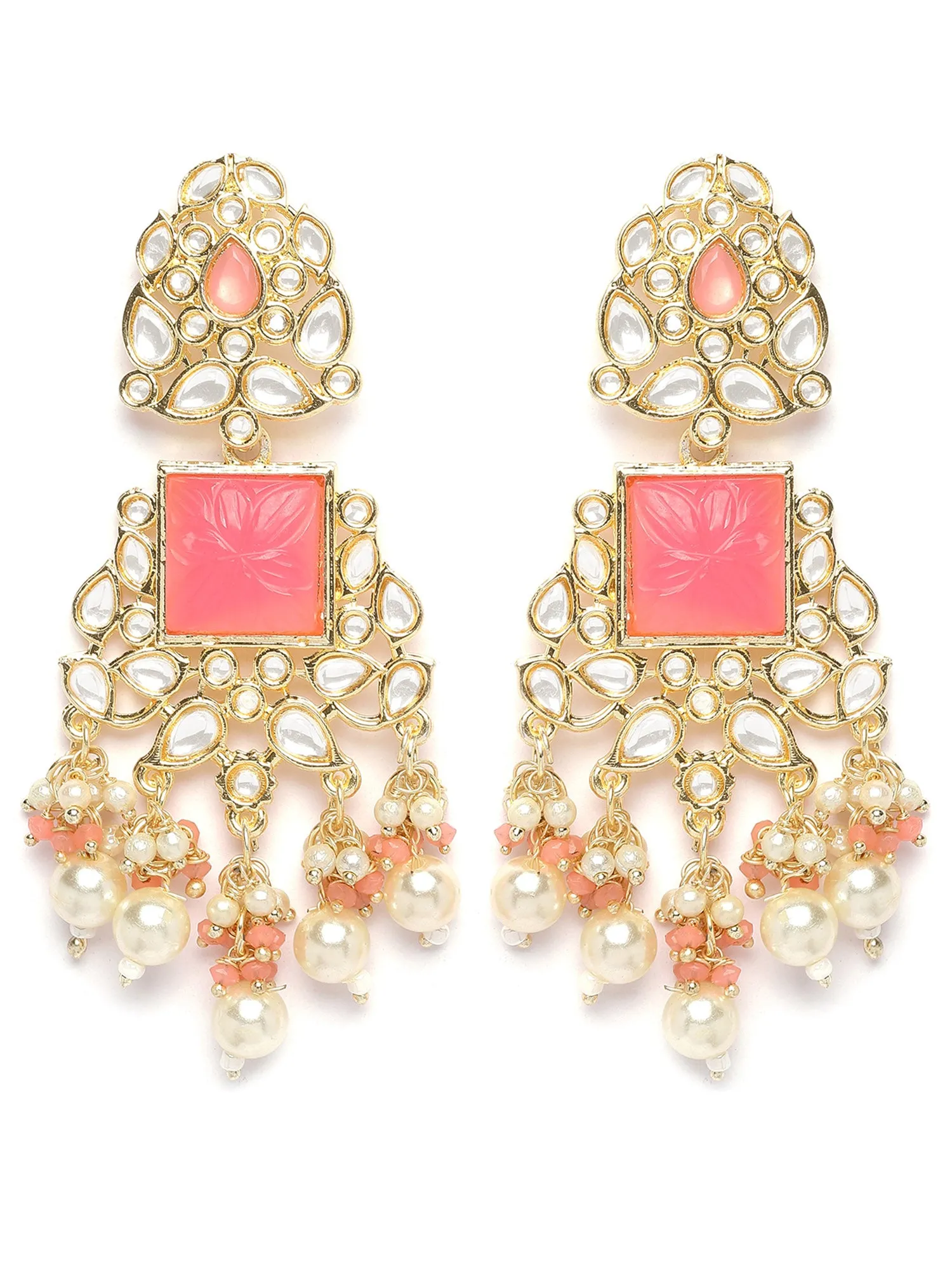 Karatcart Gold Plated Pink Carved Stone Kundan Drop Earrings for Women