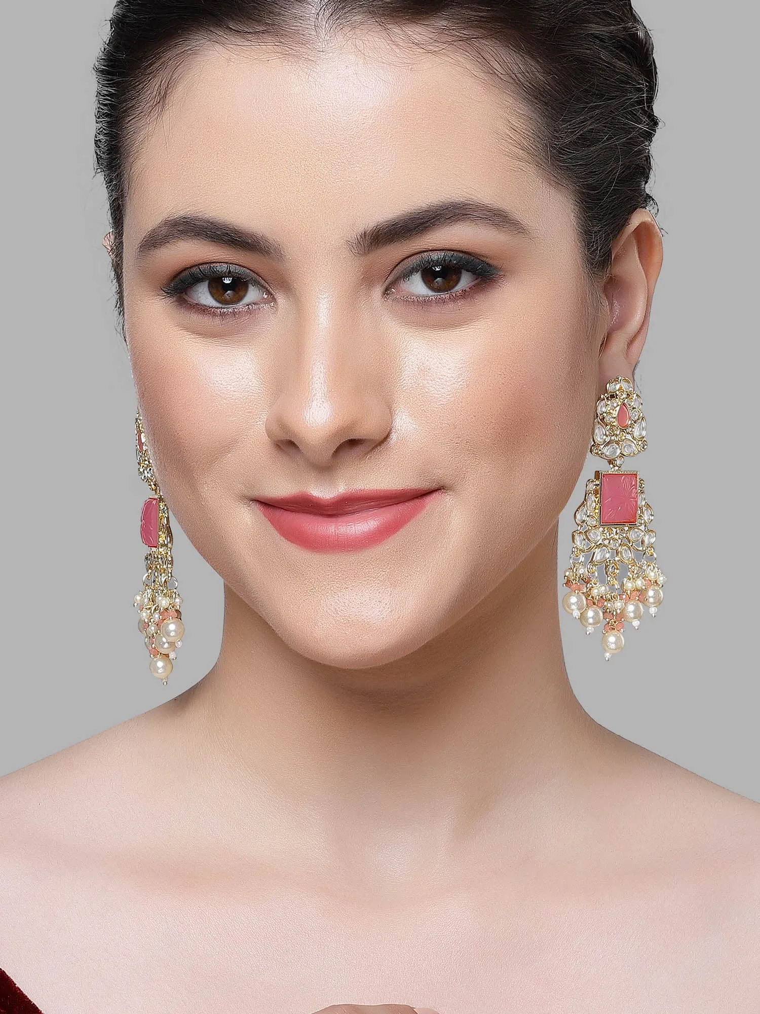Karatcart Gold Plated Pink Carved Stone Kundan Drop Earrings for Women