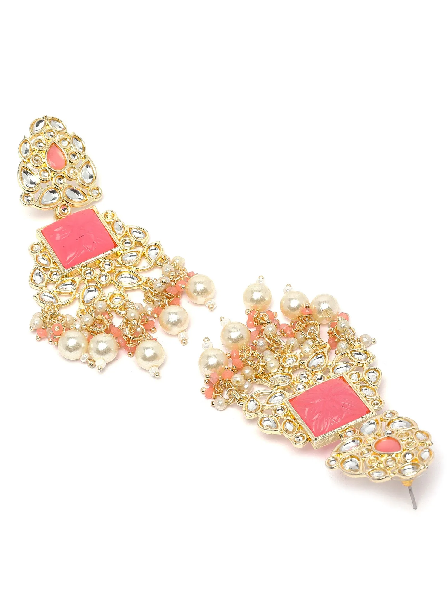 Karatcart Gold Plated Pink Carved Stone Kundan Drop Earrings for Women