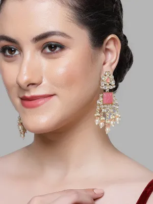 Karatcart Gold Plated Pink Carved Stone Kundan Drop Earrings for Women