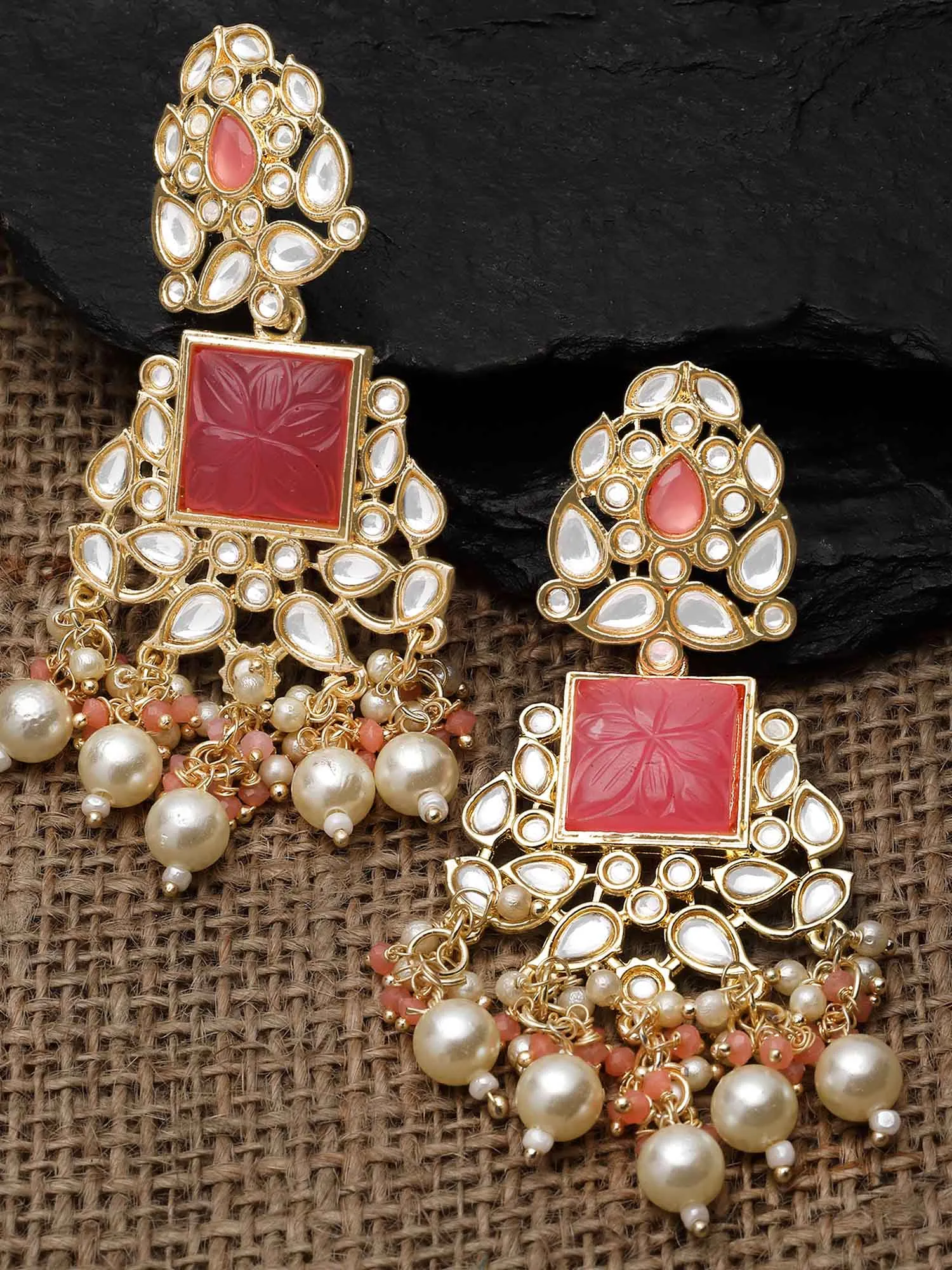 Karatcart Gold Plated Pink Carved Stone Kundan Drop Earrings for Women