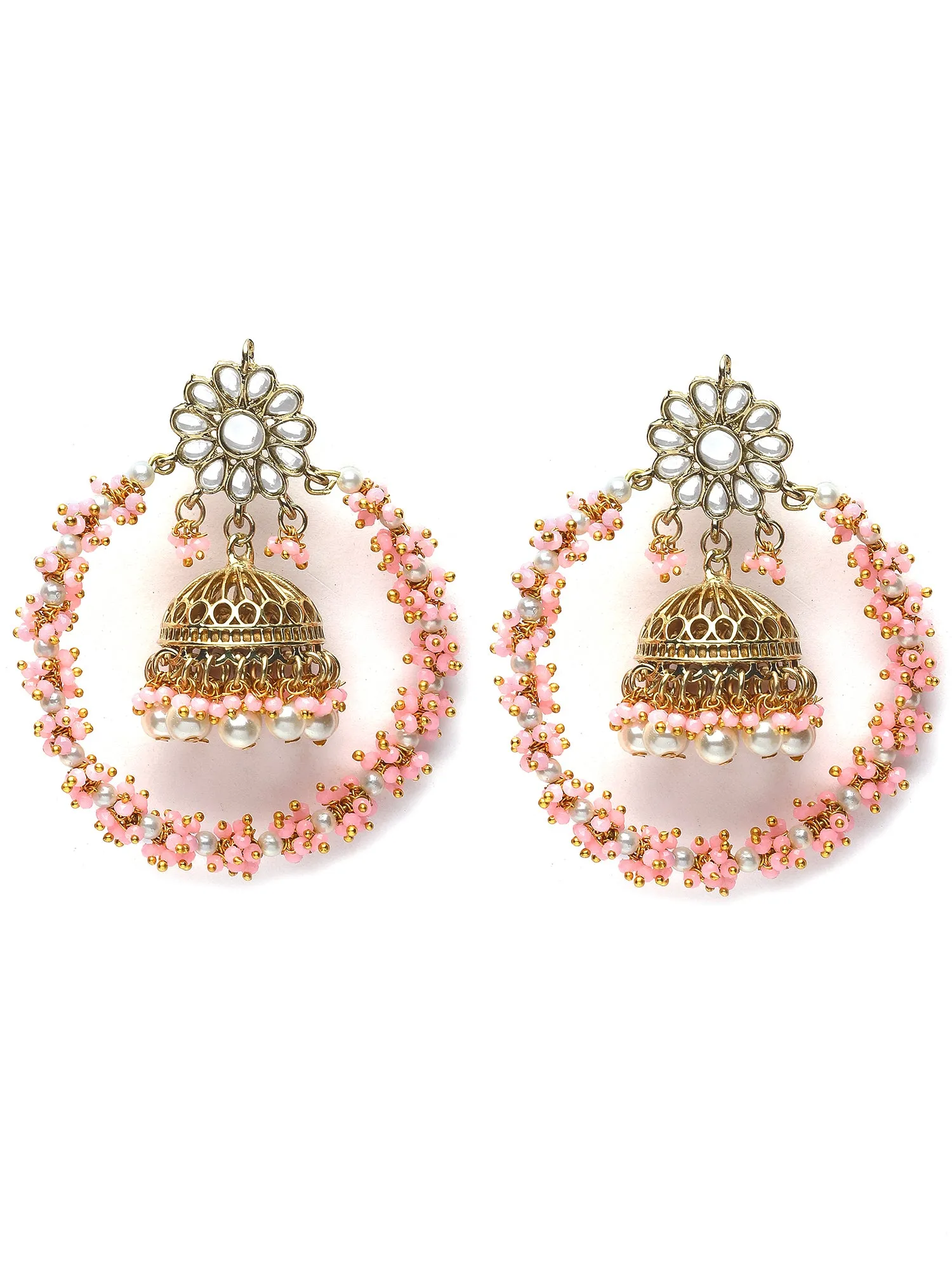 Karatcart Gold Plated Pink Crystal and Pearl Jhumki Hoop Earrings for Women