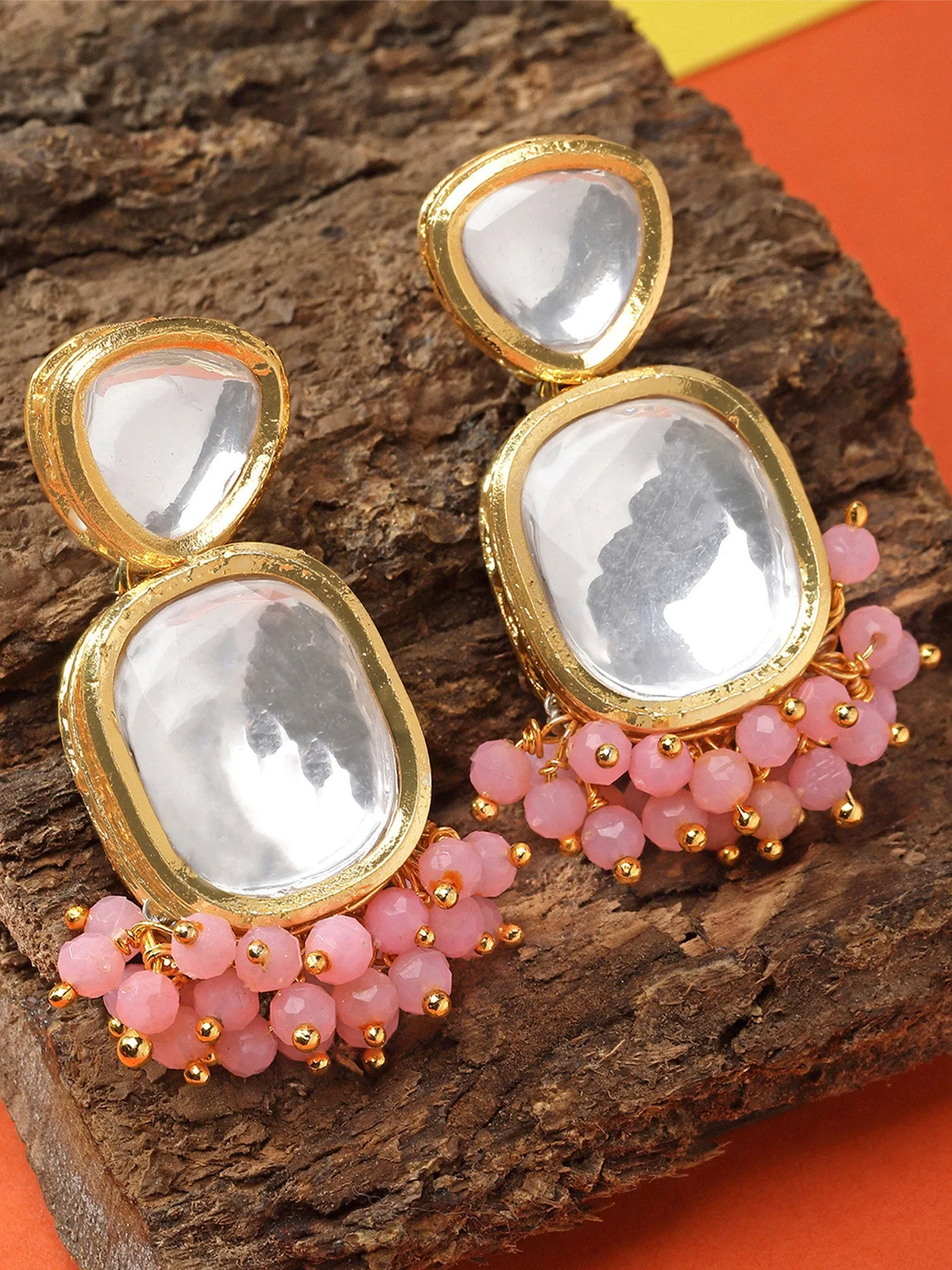 Karatcart Gold Plated Pink Crystal Polki Kundan Drop Earrings for Women