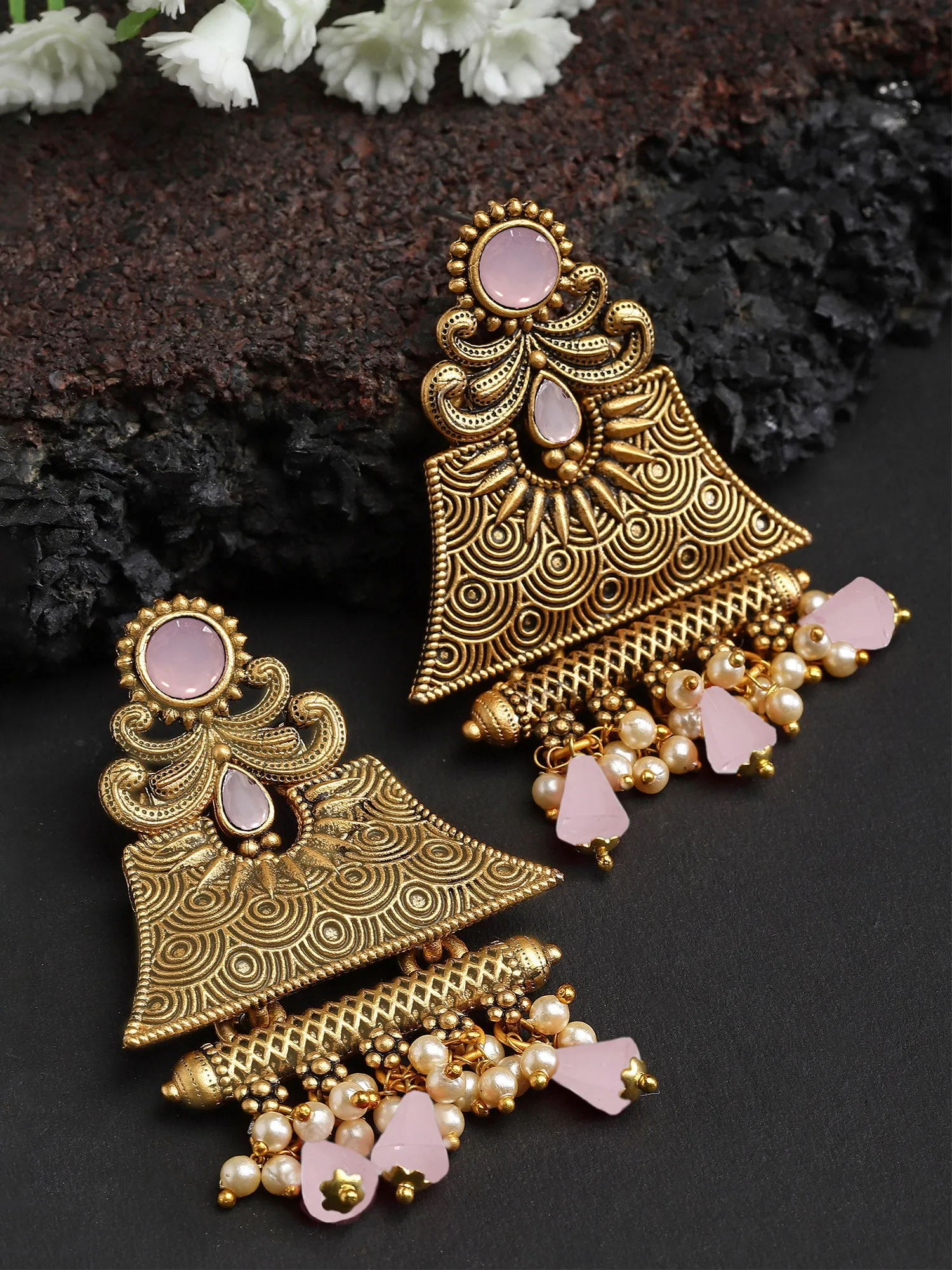 Karatcart Gold Plated Pink Crystal Studded Engraved Dangler Earrings for Women