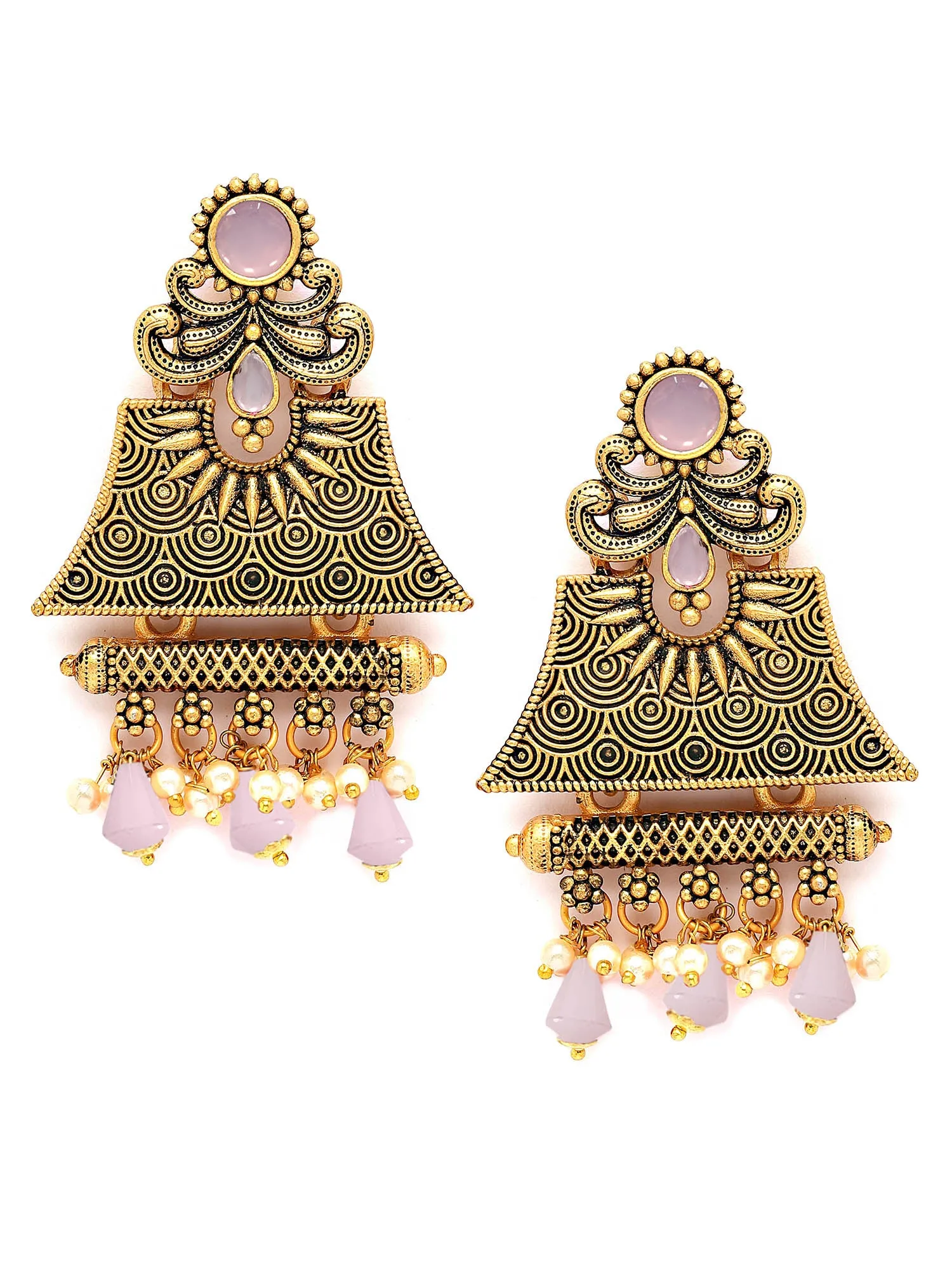 Karatcart Gold Plated Pink Crystal Studded Engraved Dangler Earrings for Women