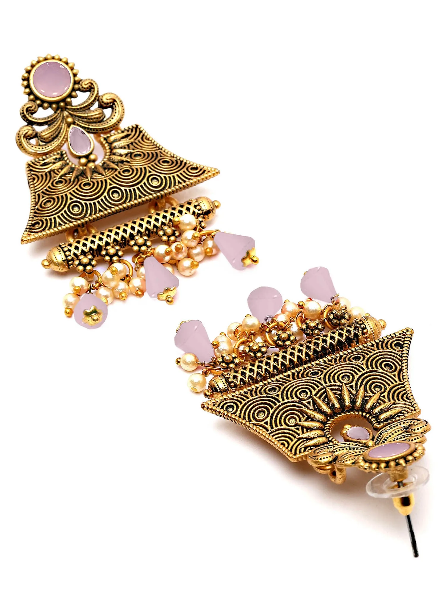 Karatcart Gold Plated Pink Crystal Studded Engraved Dangler Earrings for Women