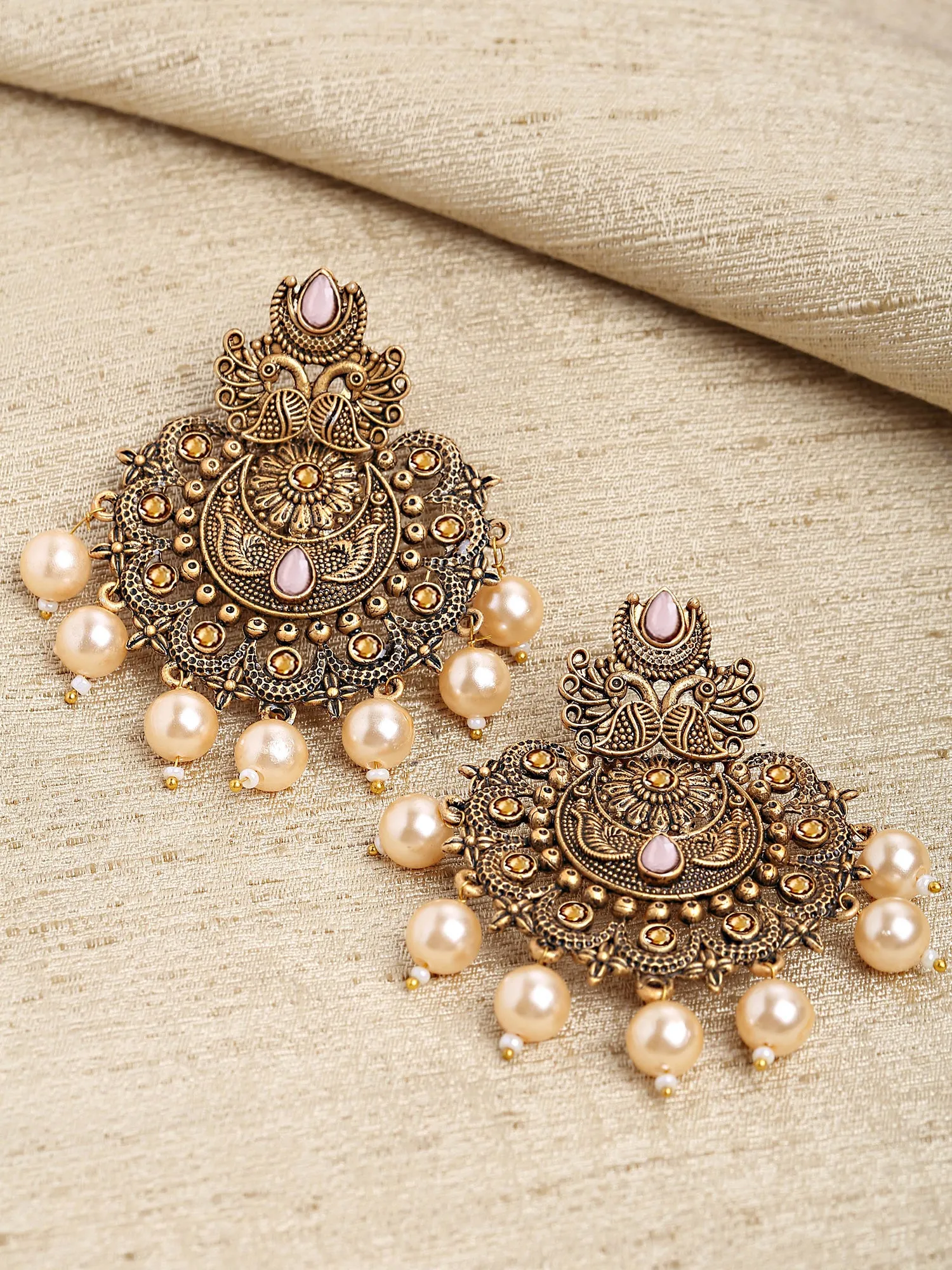Karatcart Gold Plated Pink Floral Design Gloden Pearl Dangler Earrings for Women