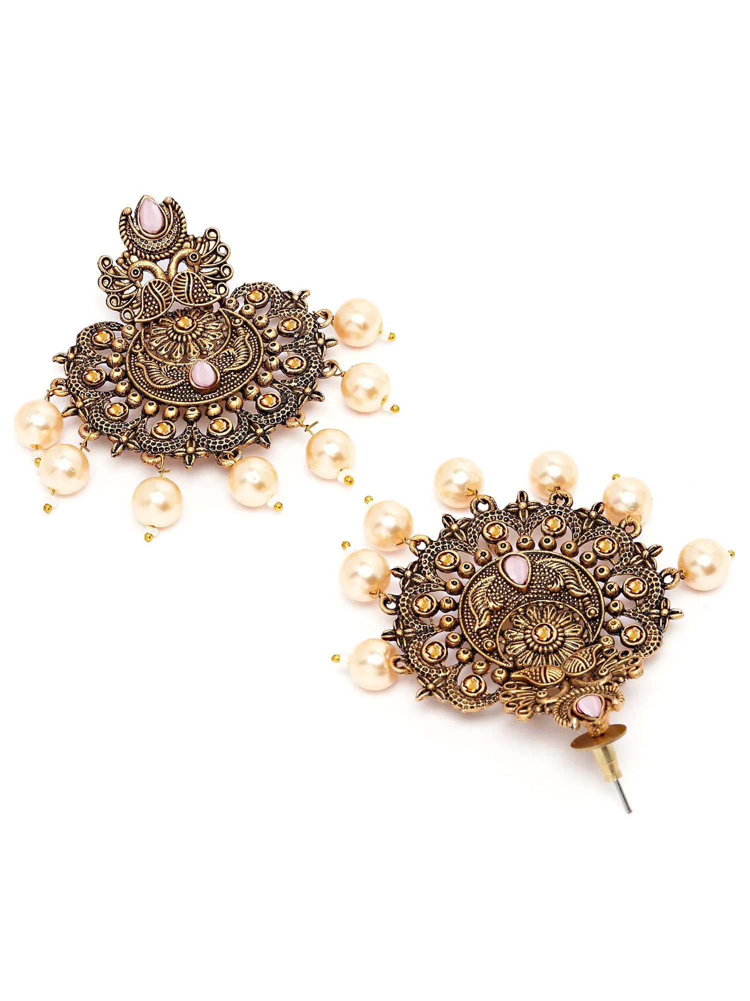 Karatcart Gold Plated Pink Floral Design Gloden Pearl Dangler Earrings for Women