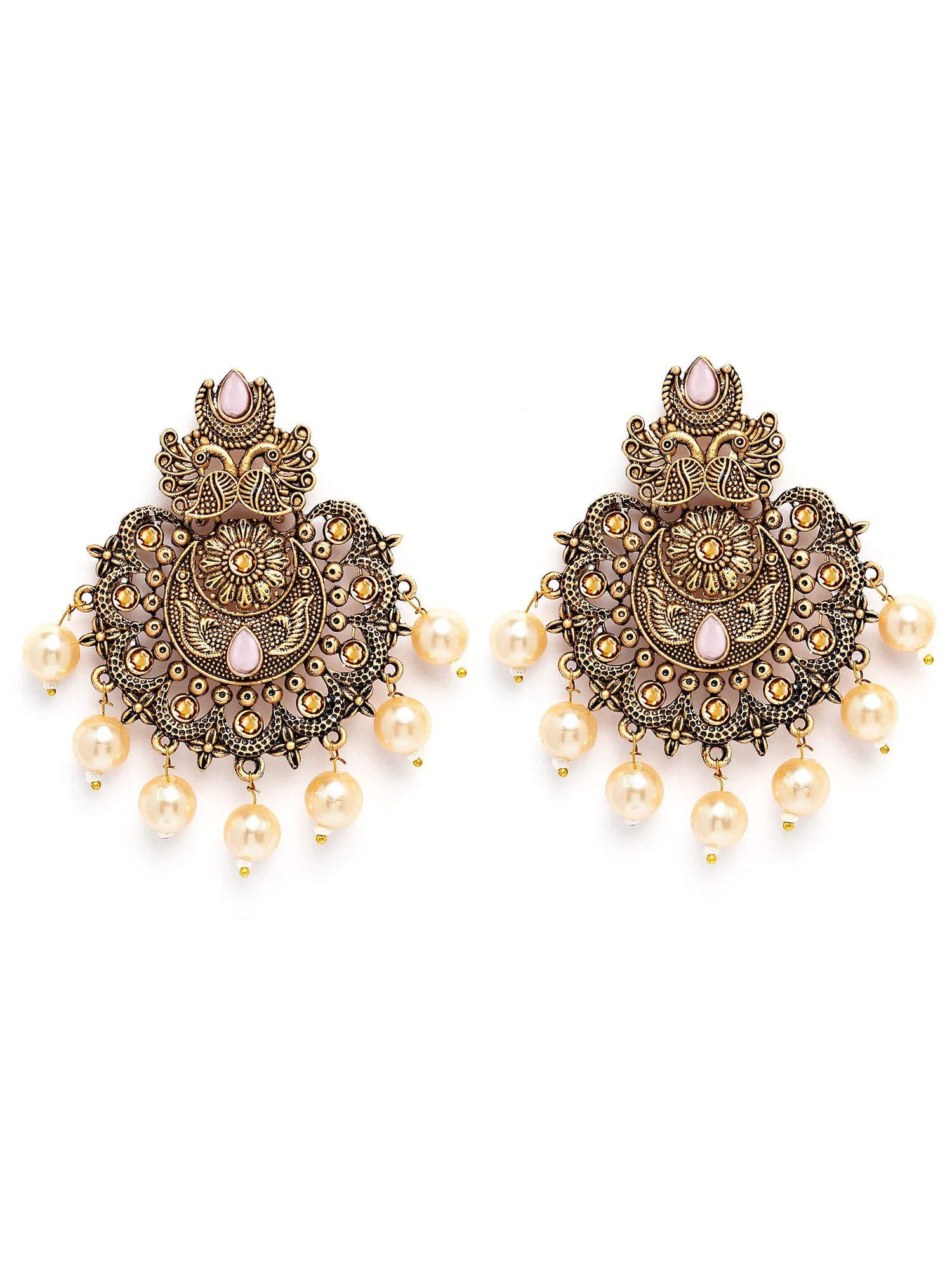 Karatcart Gold Plated Pink Floral Design Gloden Pearl Dangler Earrings for Women