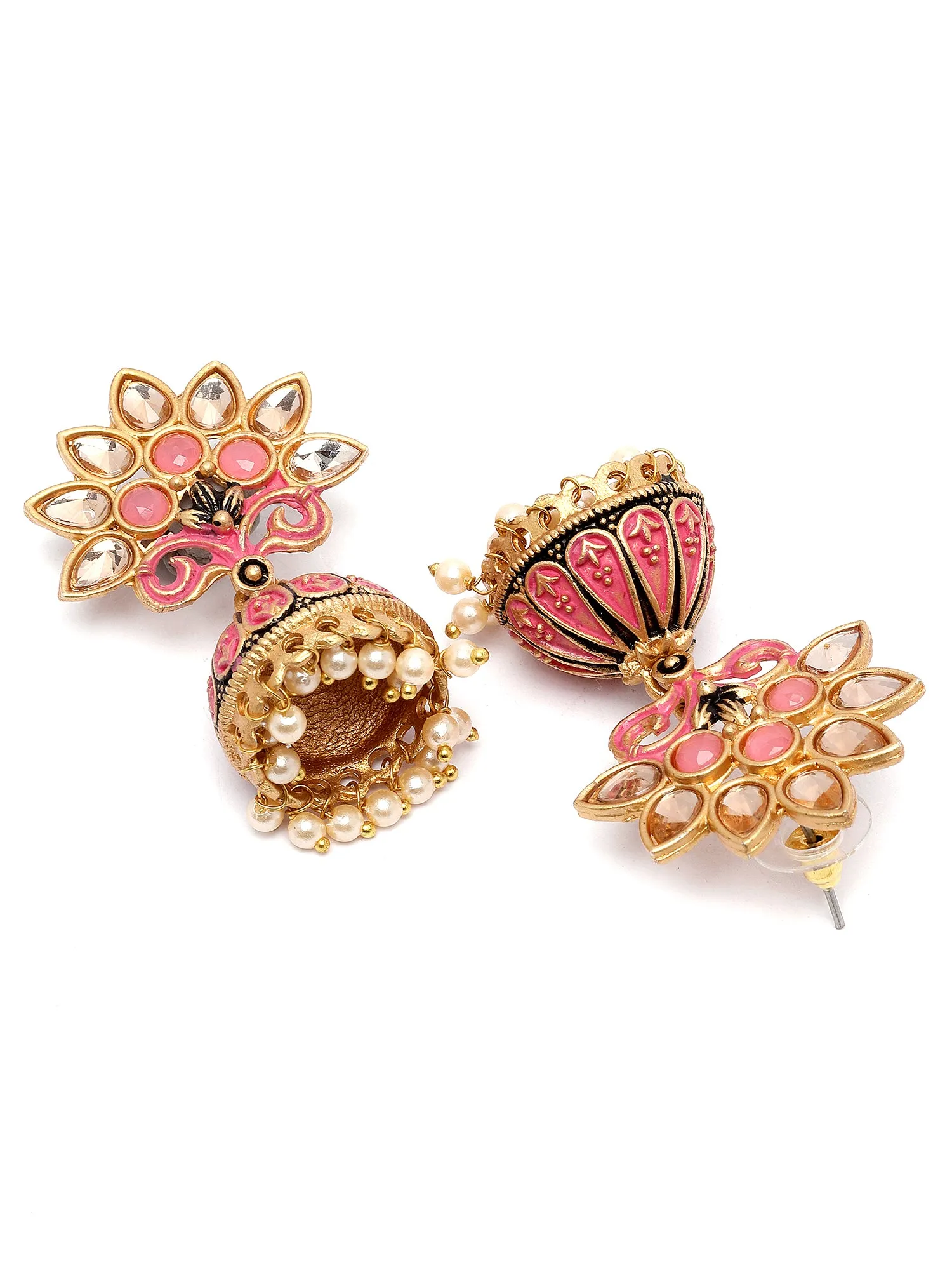 Karatcart Gold Plated Pink Meena and Kundan Jhumki Earrings for Women