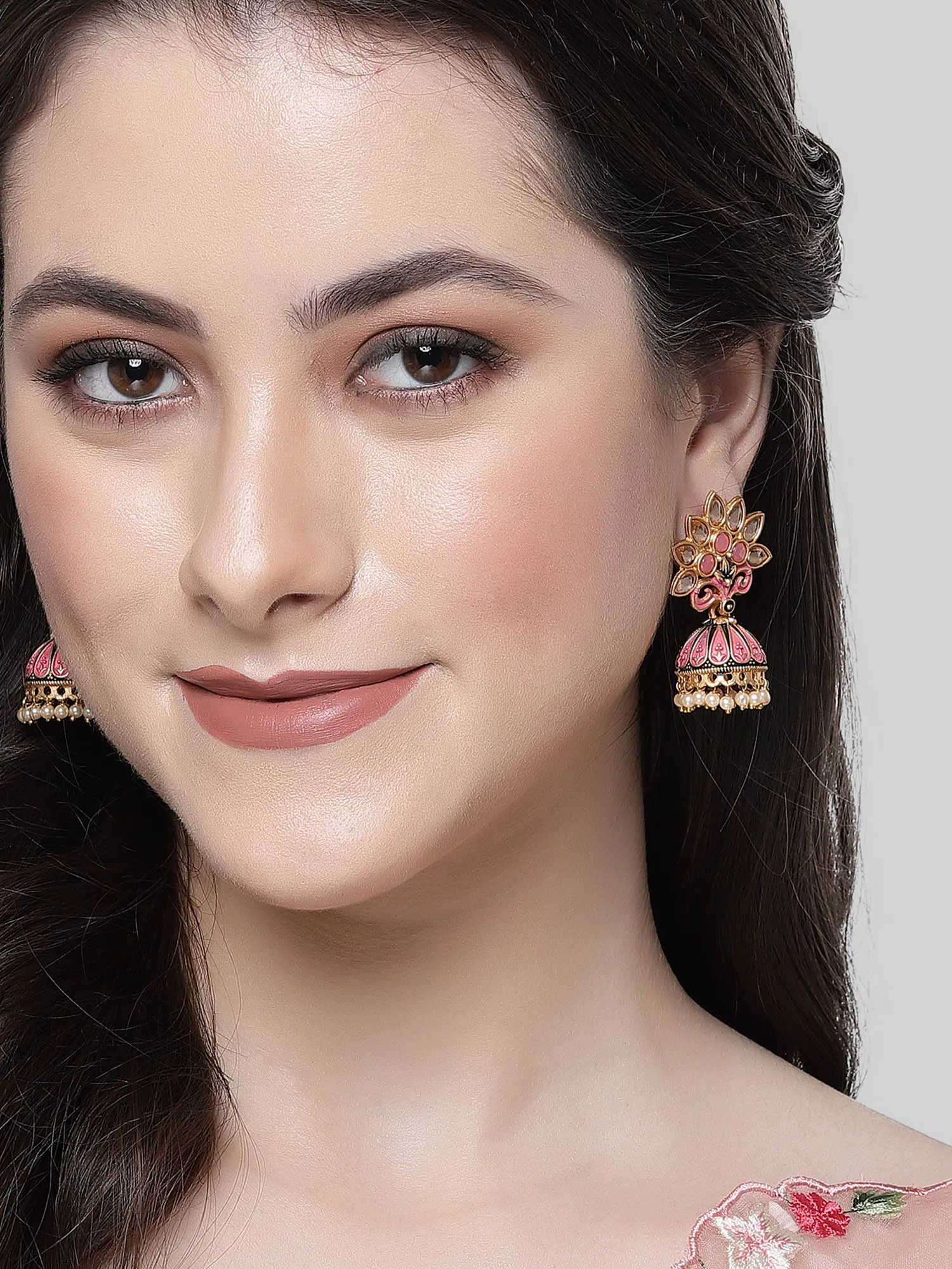 Karatcart Gold Plated Pink Meena and Kundan Jhumki Earrings for Women