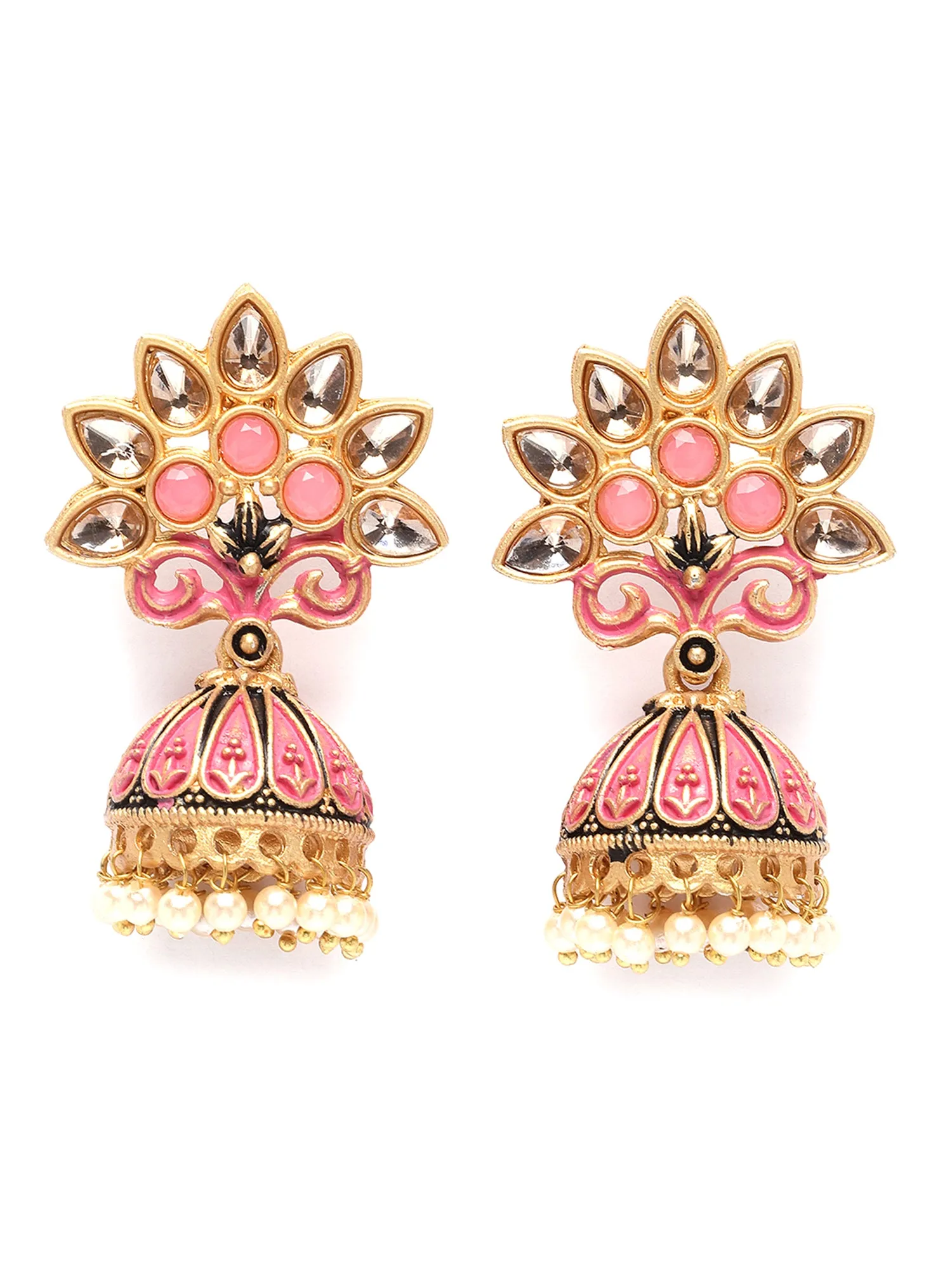 Karatcart Gold Plated Pink Meena and Kundan Jhumki Earrings for Women