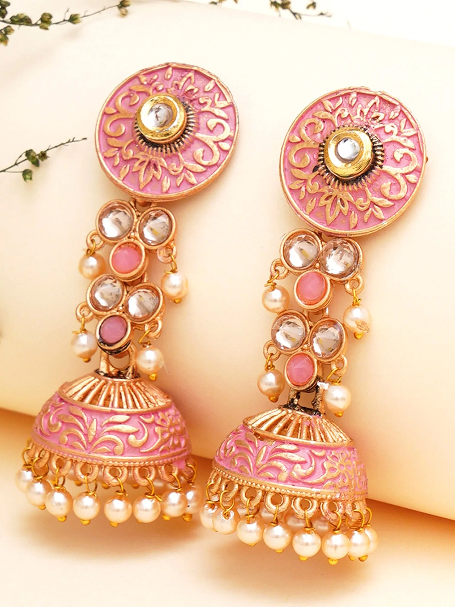 Karatcart Gold Plated Pink Meena and Pearl Studded Jhumki Earrings for Women