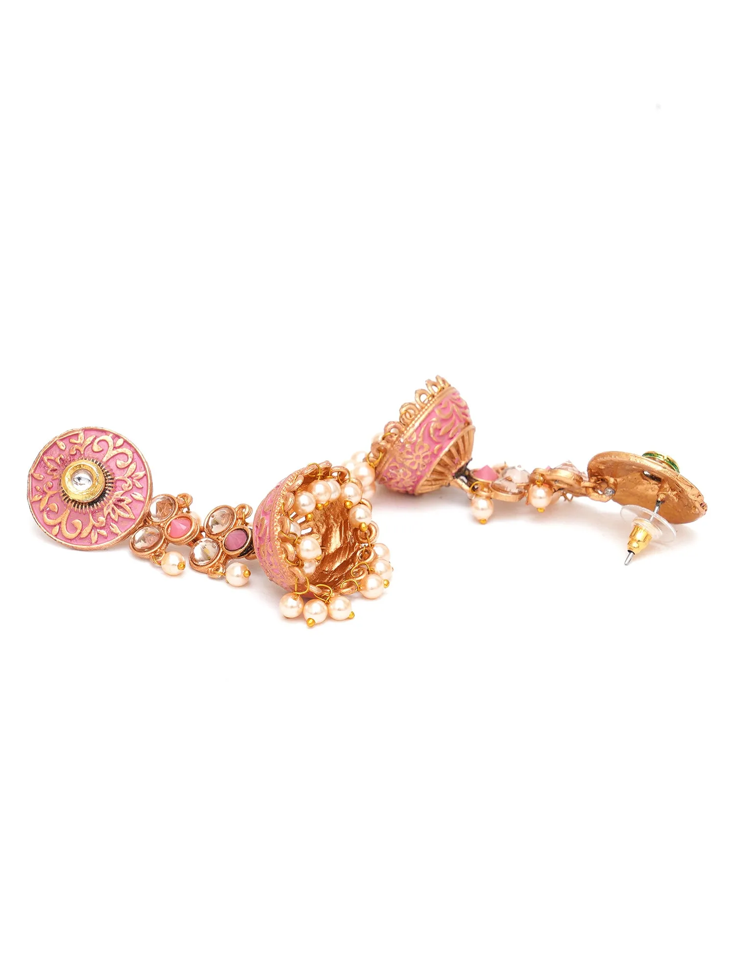 Karatcart Gold Plated Pink Meena and Pearl Studded Jhumki Earrings for Women