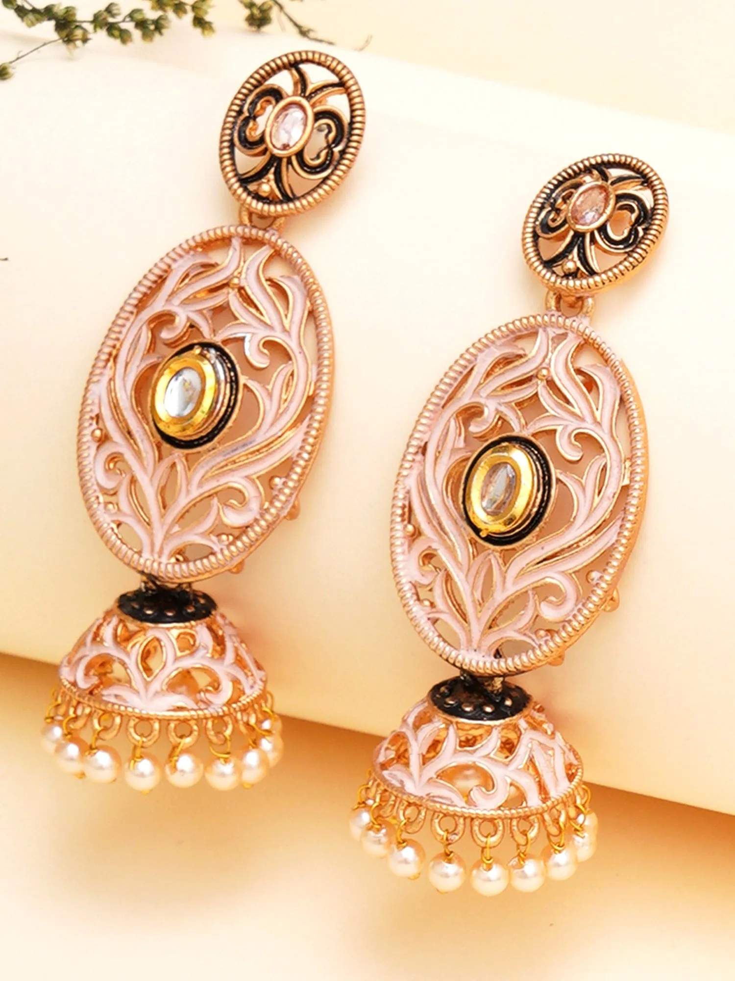 Karatcart Gold Plated Pink Meena Dangler Jhumki Earrings for Women