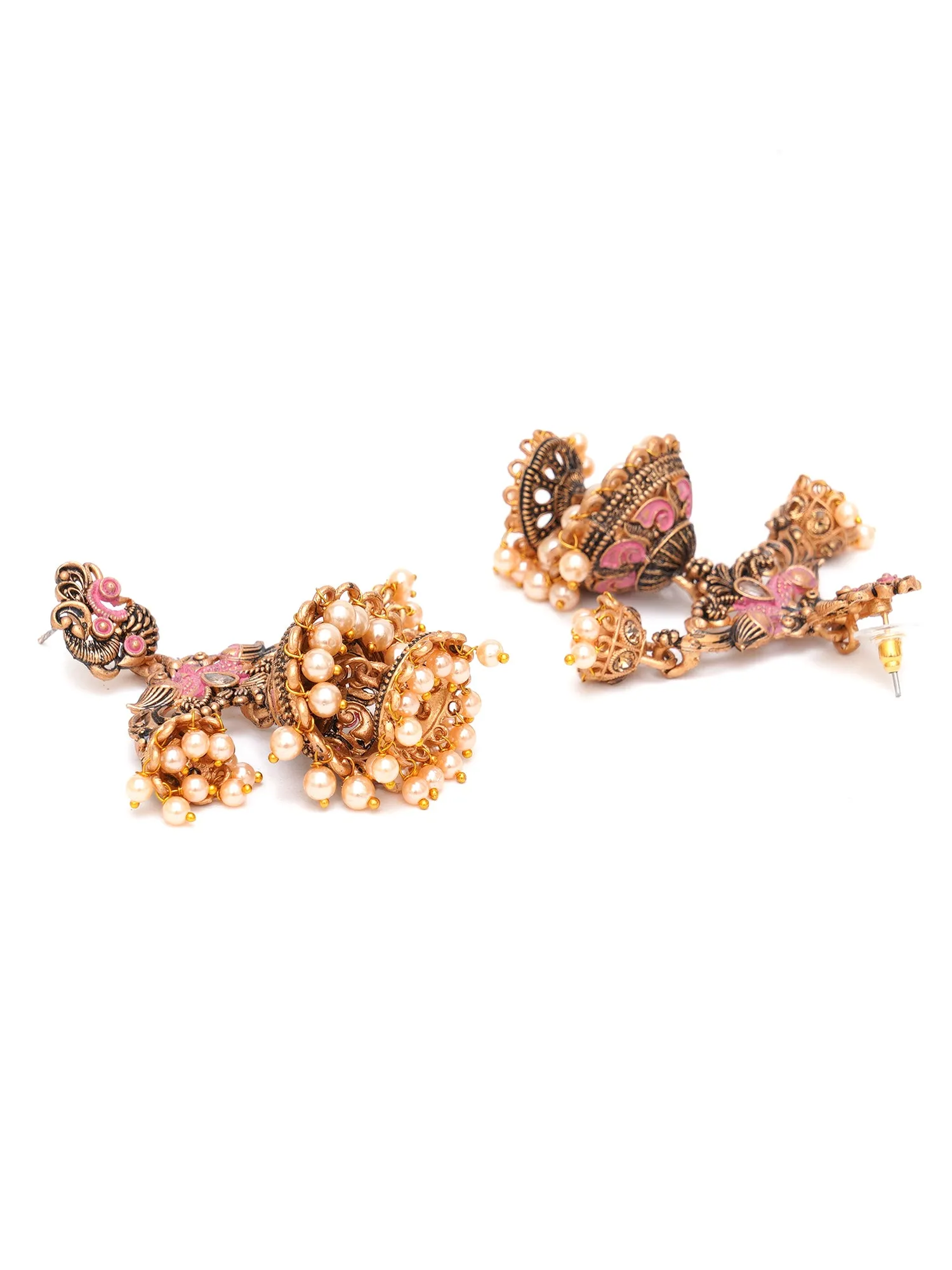 Karatcart Gold Plated Pink Meena Double Jhumki Earrings for Women